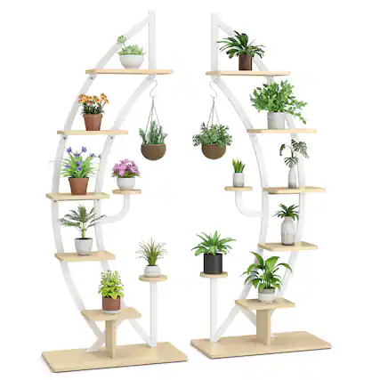 Front. Gymax - Gymax 2PCS 6 Tier Curved Stand 9 Potted Metal Plant Stand Holder Display Shelf w/ Hook - Natural+White.