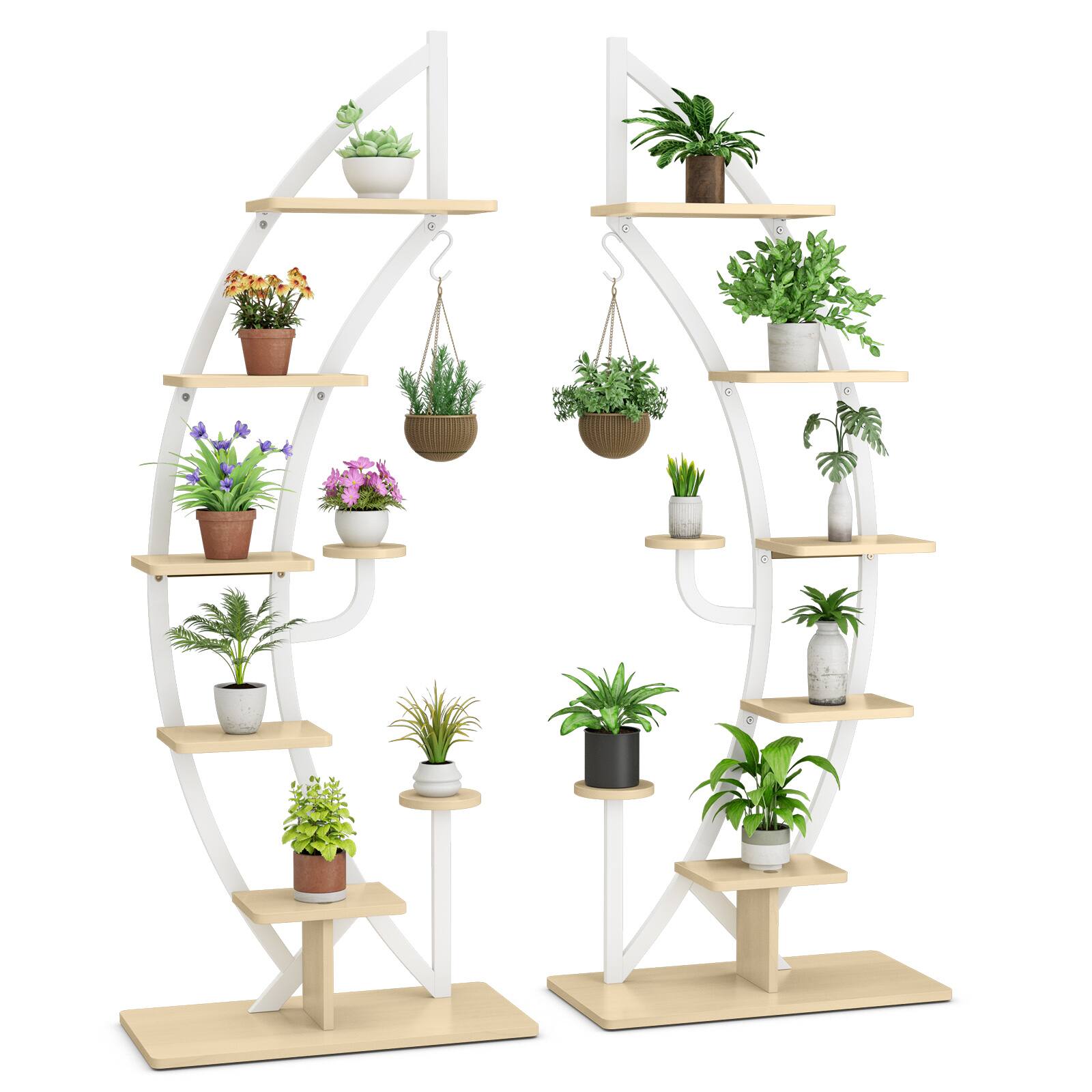 Gymax - 2PCS 6 Tier Curved Stand 9 Potted Metal Plant Stand Holder Display Shelf w/ Hook - Natural+White