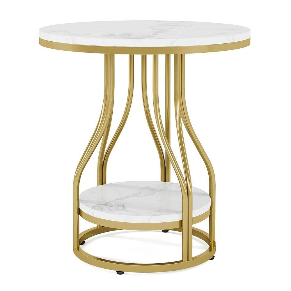 Back. Kadyn - Kadyn Sofa Side End Table, End Table, Couch Table,2-Tier End Table, Round Sofa Side Table with Metal Frame,White & Gold - White.