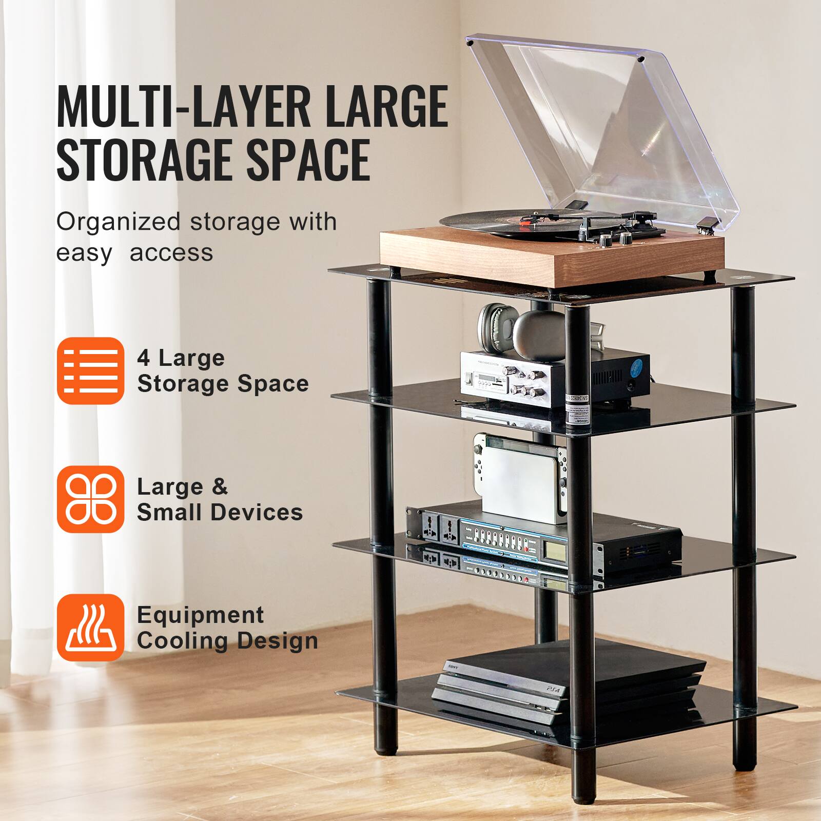 MULTI-LAYER LARGE STORAGE SPACE

Organized storage with easy access

4 Large Storage Space

Large & Small Devices

Equipment Cooling Design