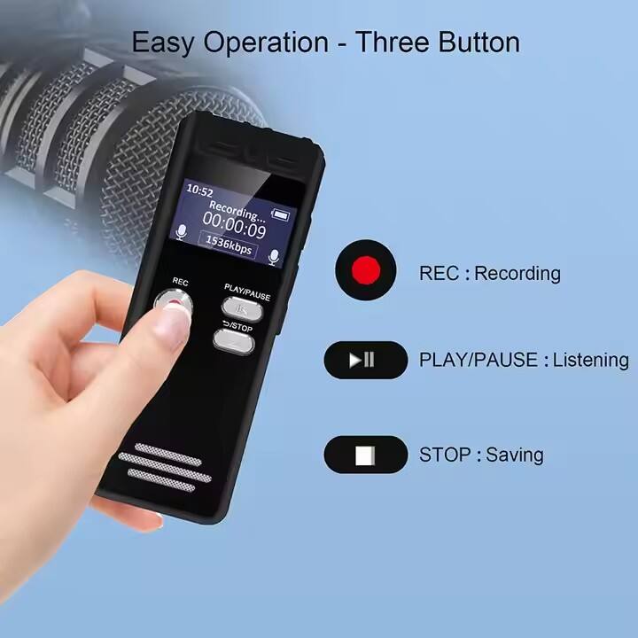 Easy Operation - Three Button

- REC : Recording
- PLAY/PAUSE : Listening
- STOP : Saving
