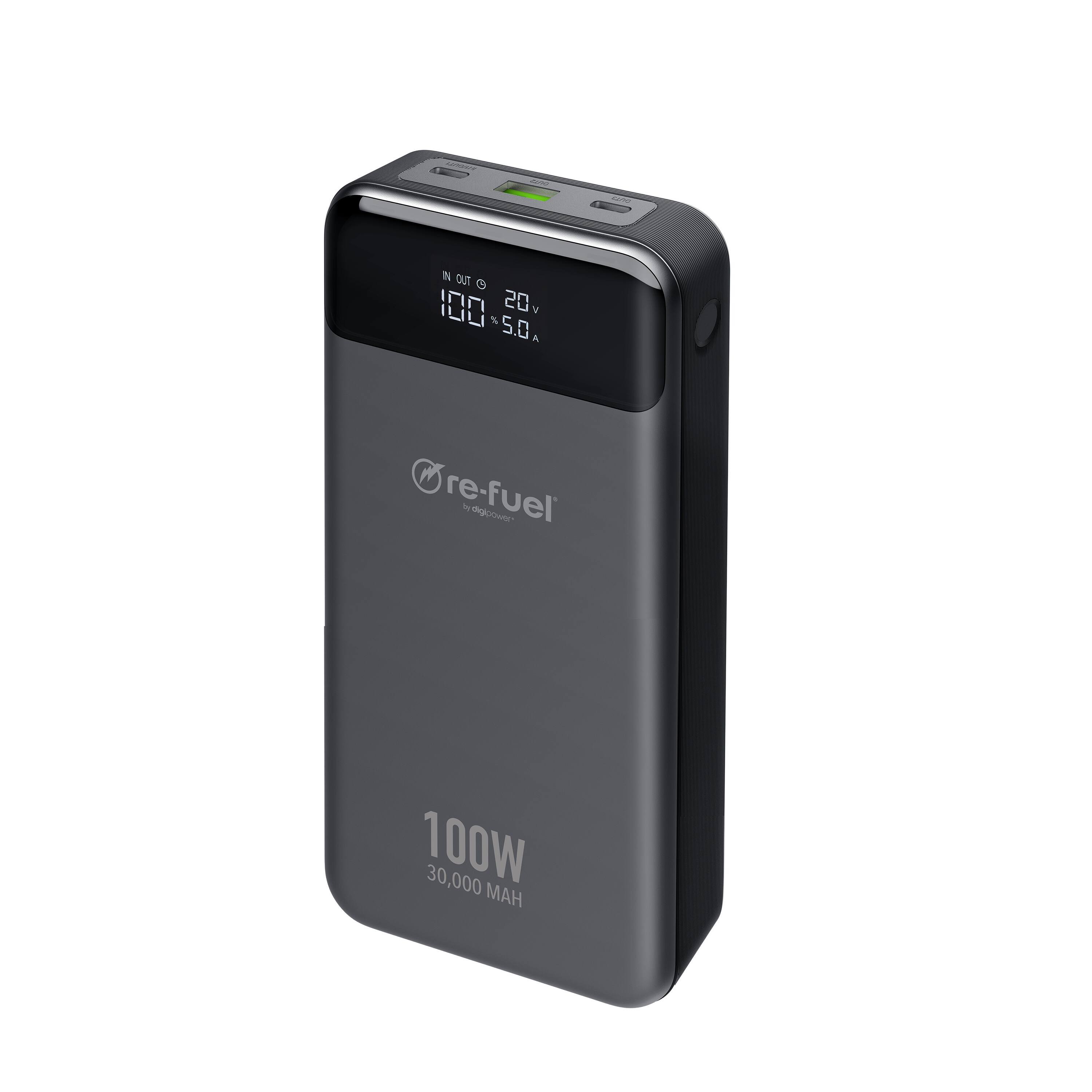 Digipower - Re-Fuel 100W 30,000mAh Power Bank – USB-C and USB-A - High-Capacity Fast Charging Solution - Black