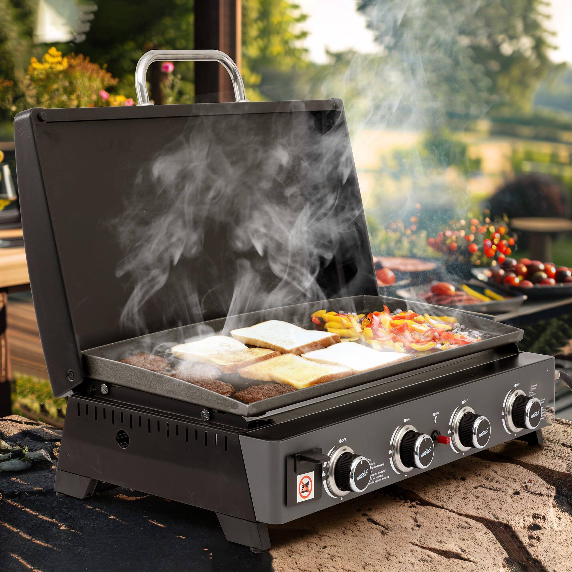 Alt View 7. GlowWise - 4-Burner Propane Flat Top Griddle w/ Removable Cart & Hood, Convertible to Tabletop for Camping, Backyard - Blank.