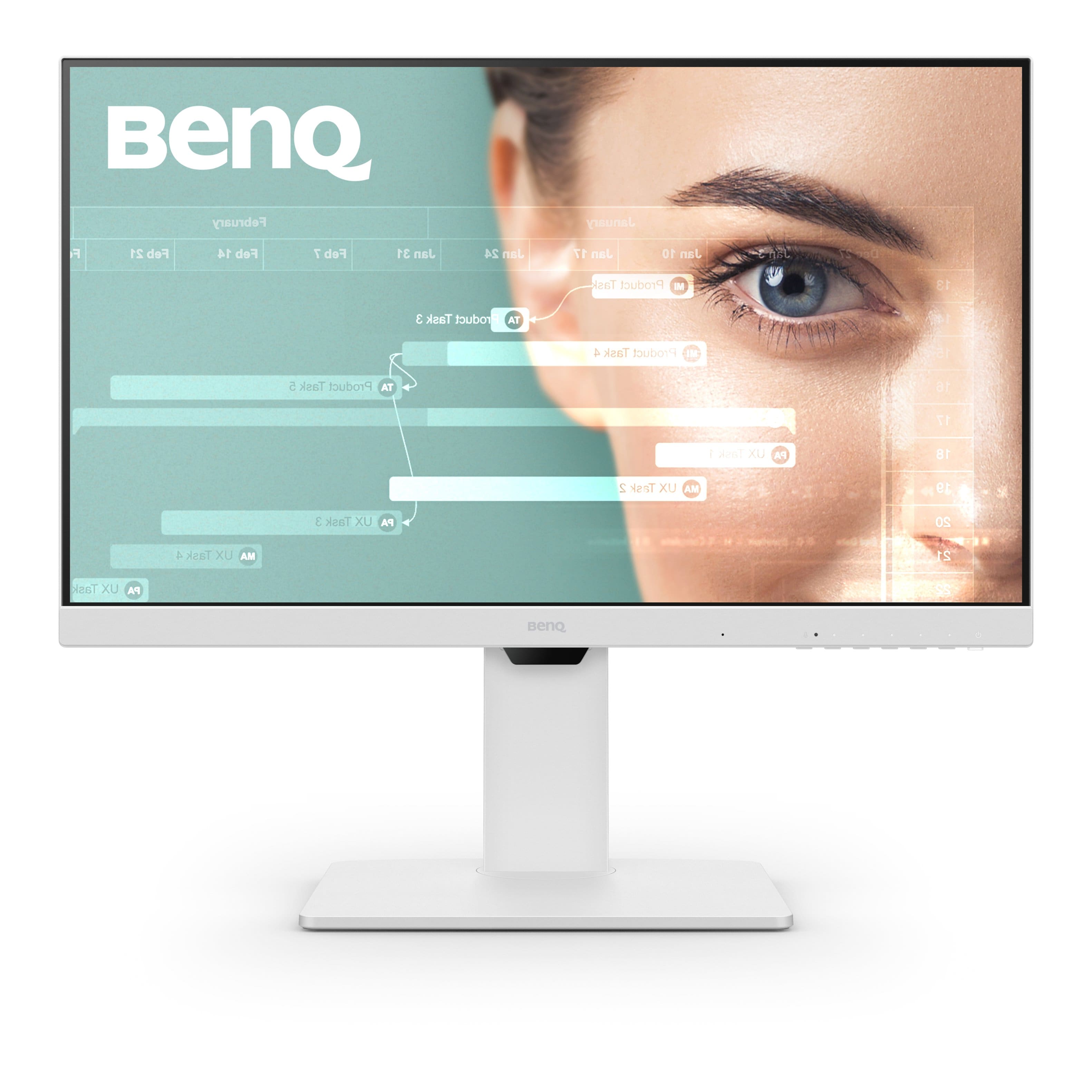 BenQ is a company that manufactures computer monitors. The image shows a BenQ computer monitor with a woman's face on the screen. The monitor is white and has a stand. The image is advertising the BenQ computer monitor.