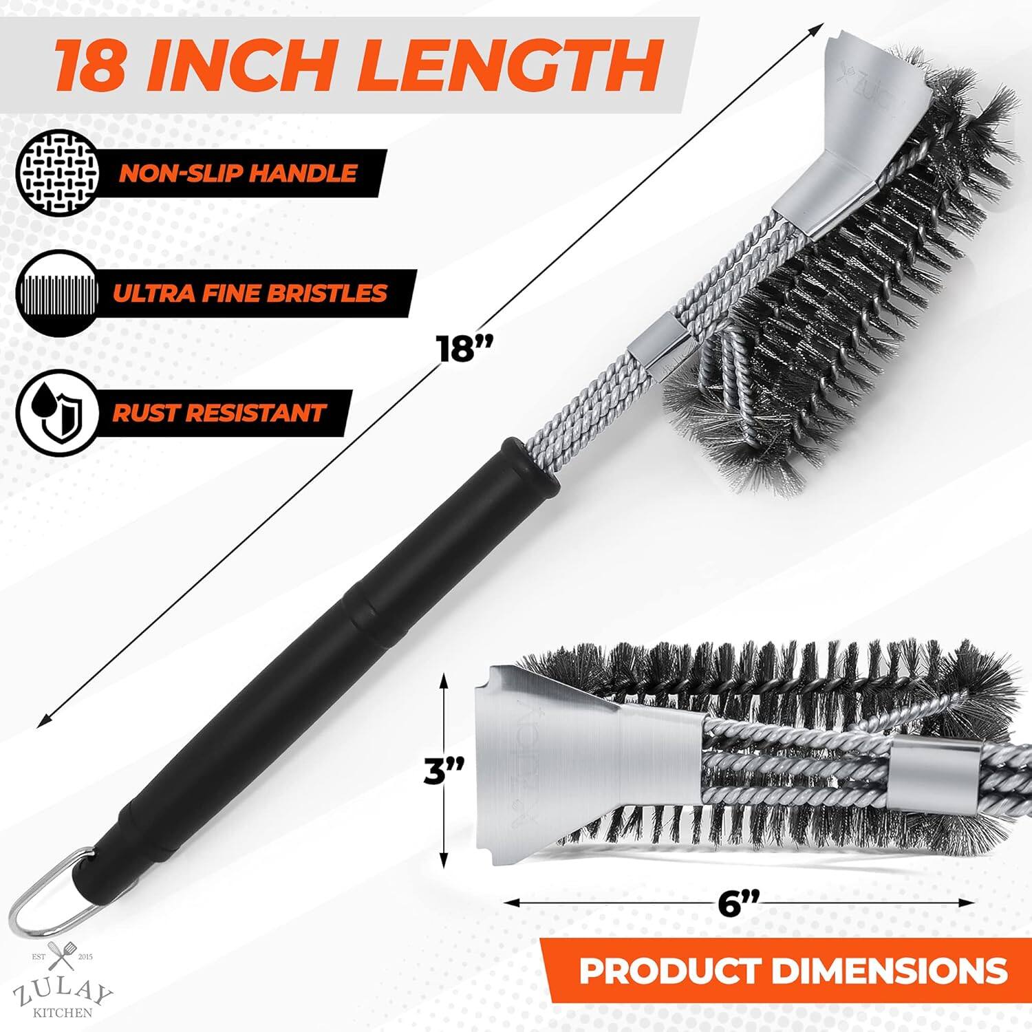18 INCH LENGTH NON-SLIP HANDLE ULTRA FINE BRISTLES 18" RUST RESISTANT 3" H x 6" W ZULAY KITCHEN PRODUCT DIMENSIONS