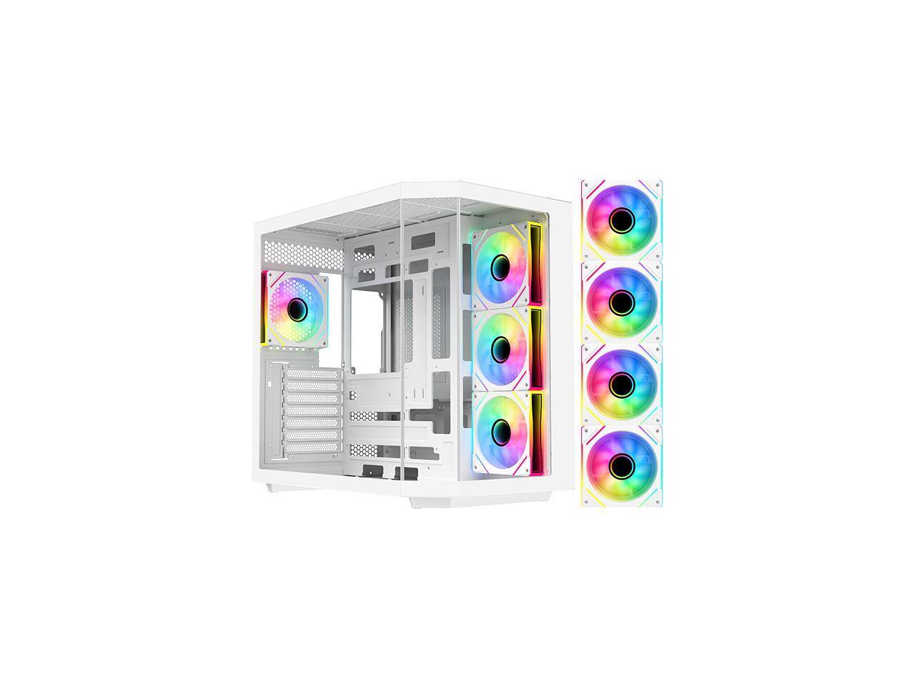 DIYPC - ARGB-N3-W White E-ATX/ATX Dual Chamber Case w/ 3x Glass Panels & 4x ARGB Fans - White
