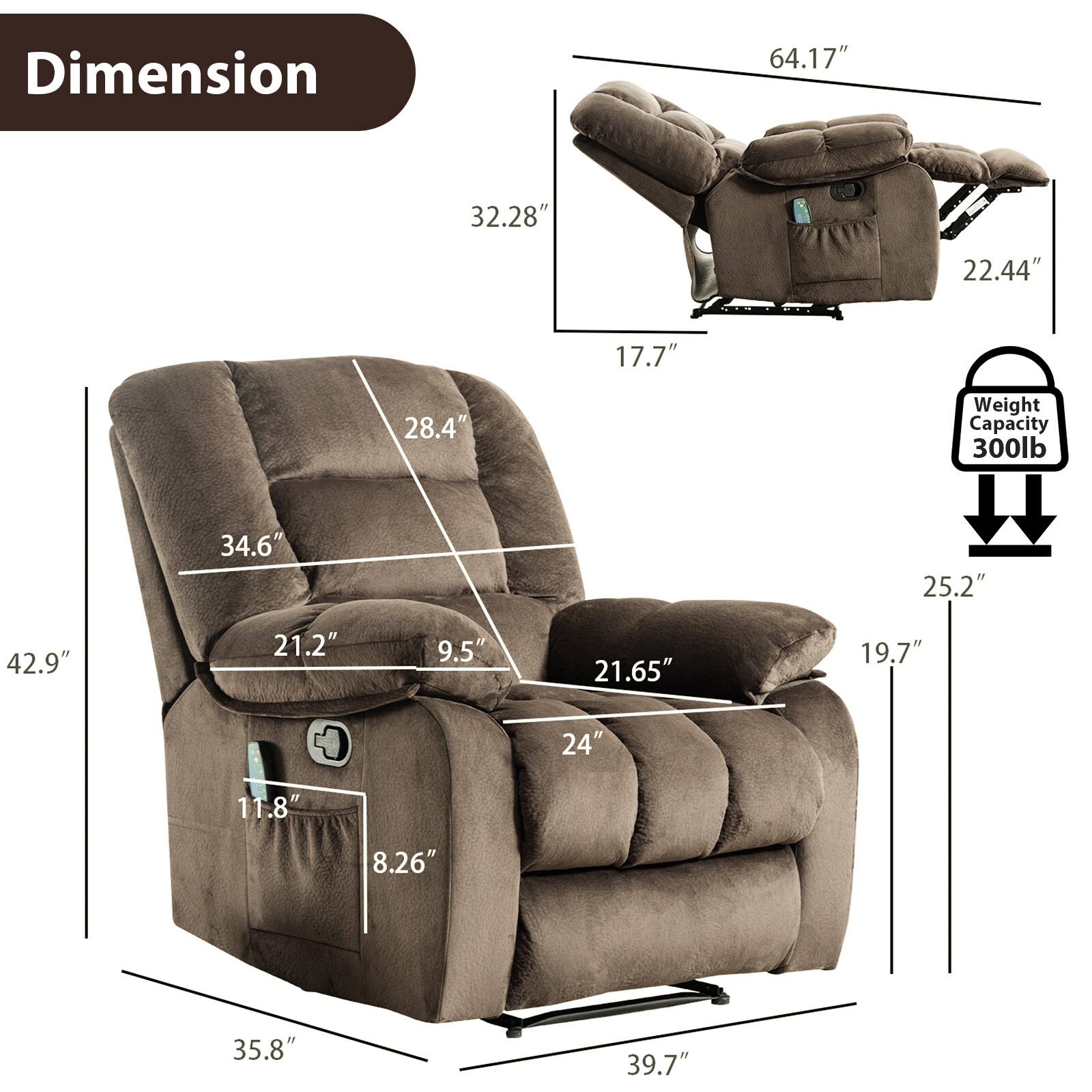 Dimension: 64.17" x 32.28" x 22.44" x 17.7" x 28.4"
Weight Capacity: 300 lb

Measurements:
- 34.6" x 25.2" x 42.9" x 21.2" x 9.5"
- 21.65" x 19.7" x 24" x 11.8" x 8.26"
- 35.8" x 39.7" x 21.2" x 21.2" x 21.2"