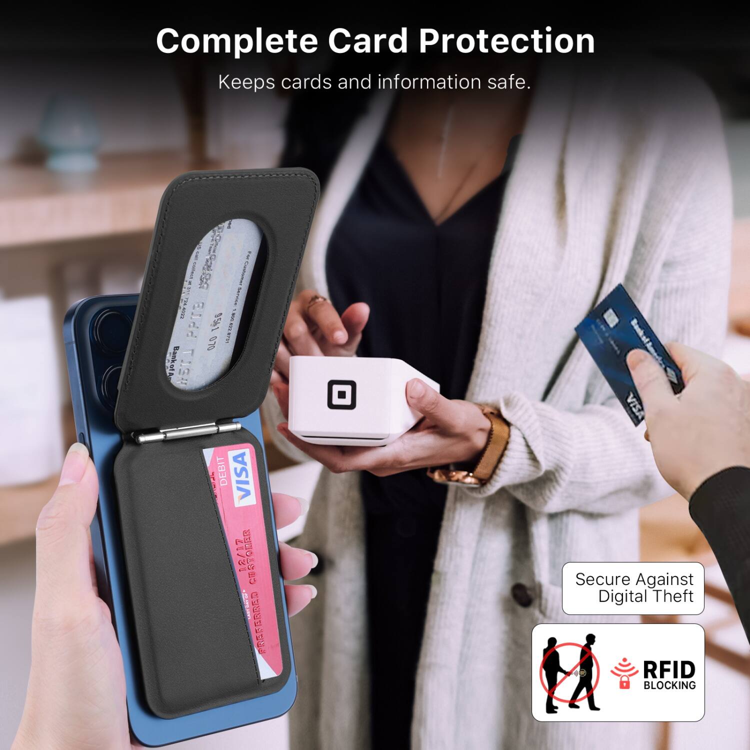 Complete Card Protection  
Keeps cards and information safe.

Secure Against Digital Theft  
RFID BLOCKING