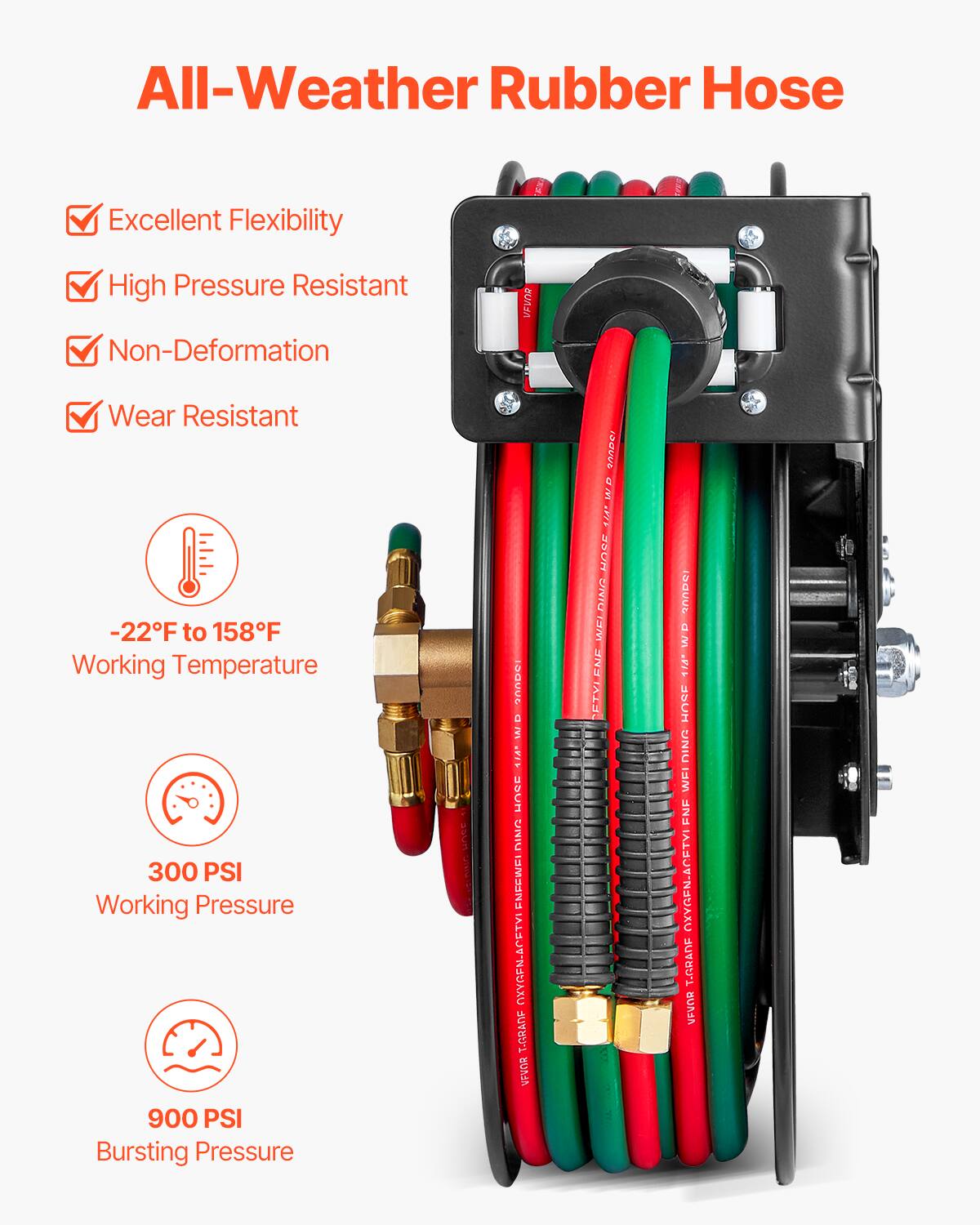 All-Weather Rubber Hose

Excellent Flexibility
High Pressure Resistant
Non-Deformation
Wear Resistant

-22°F to 158°F Working Temperature
300 PSI Working Pressure
900 PSI Bursting Pressure