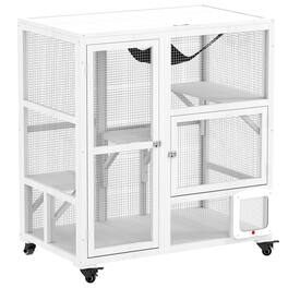 Pawhut - Indoor Wooden Catio, House Enclosure on Wheels, 3 Platforms, Hammock, Flap Door, Openable Top, for 2 Cats, 39"