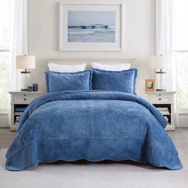 MarCielo - 3Pc Luxury Velvet Oversized Embroidery Soft and Plush Quilt Set - Midtone Blue