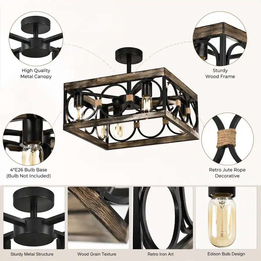 RYHNUYNE 4 Light Farmhouse Wood & Black Metal Rectangular Ceiling Light ...