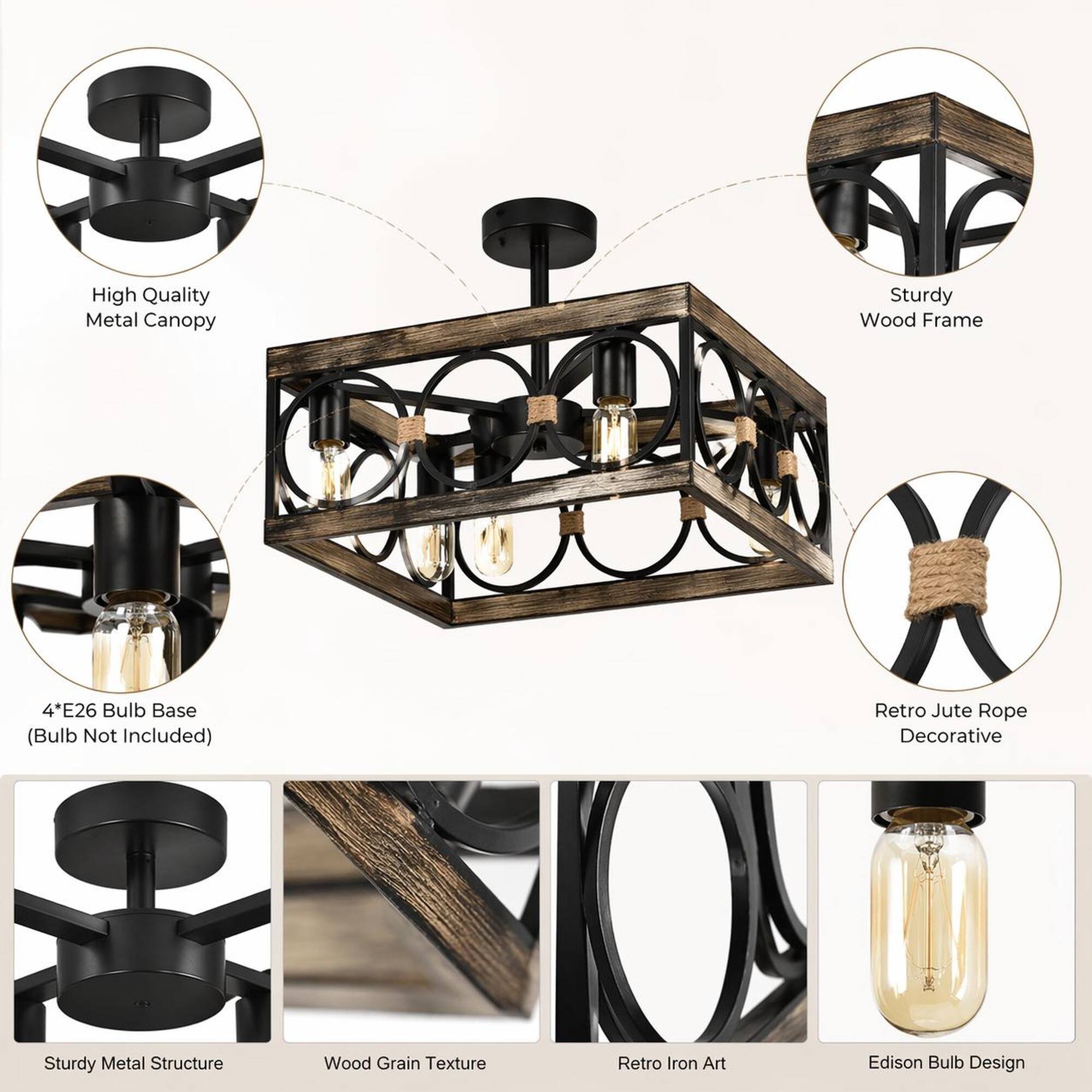 RYHNUYNE 4 Light Farmhouse Wood & Black Metal Rectangular Ceiling Light ...