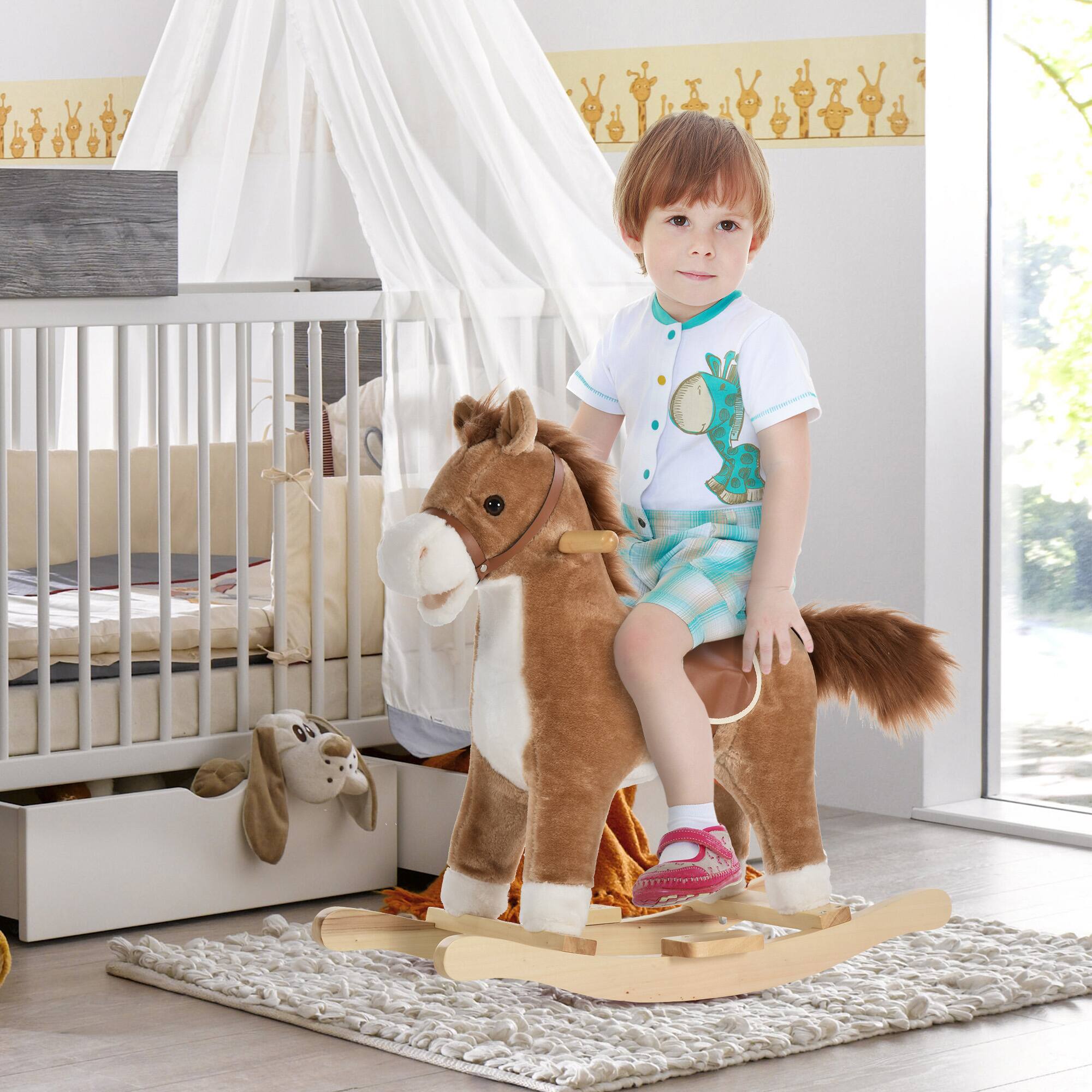 Angle. Siljoy - Brown Plush Rocking Horse with Sound, Moving Mouth, Wagging Tail, Wooden Rockers, Toddler Rocker - Brown.