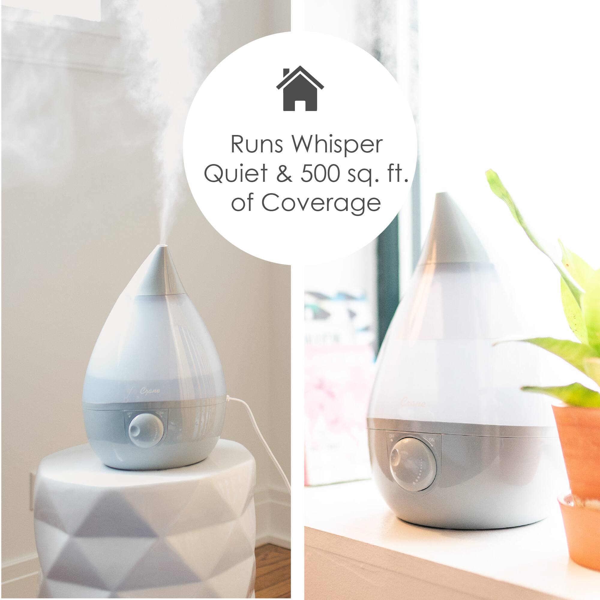 The image features a white and blue air purifier, which is designed to run whisper quiet and provide up to 500 square feet of coverage. The air purifier is placed on a table, and there is a potted plant nearby. The scene appears to be a living room, with a window in the background. The air purifier is positioned to effectively clean the air in the room, ensuring a comfortable and healthy environment for the occupants.