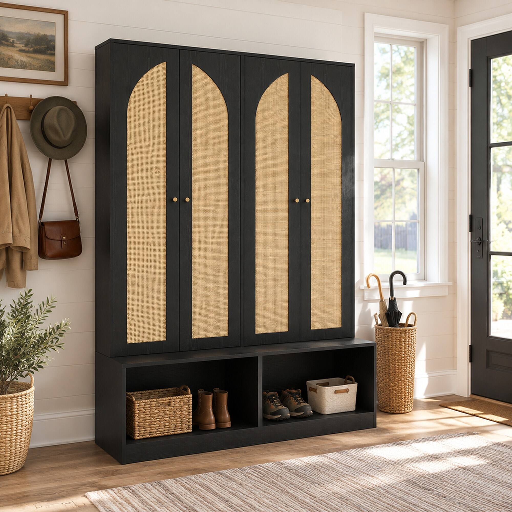 Left. RYHNUYNE - 55.1 in Farmhouse Hall Tree, 4-in-1 Entryway Bench and Shoe Cabinet, Rattan Doors, 6 Hooks, Adjustable Shelves, Black - Black.