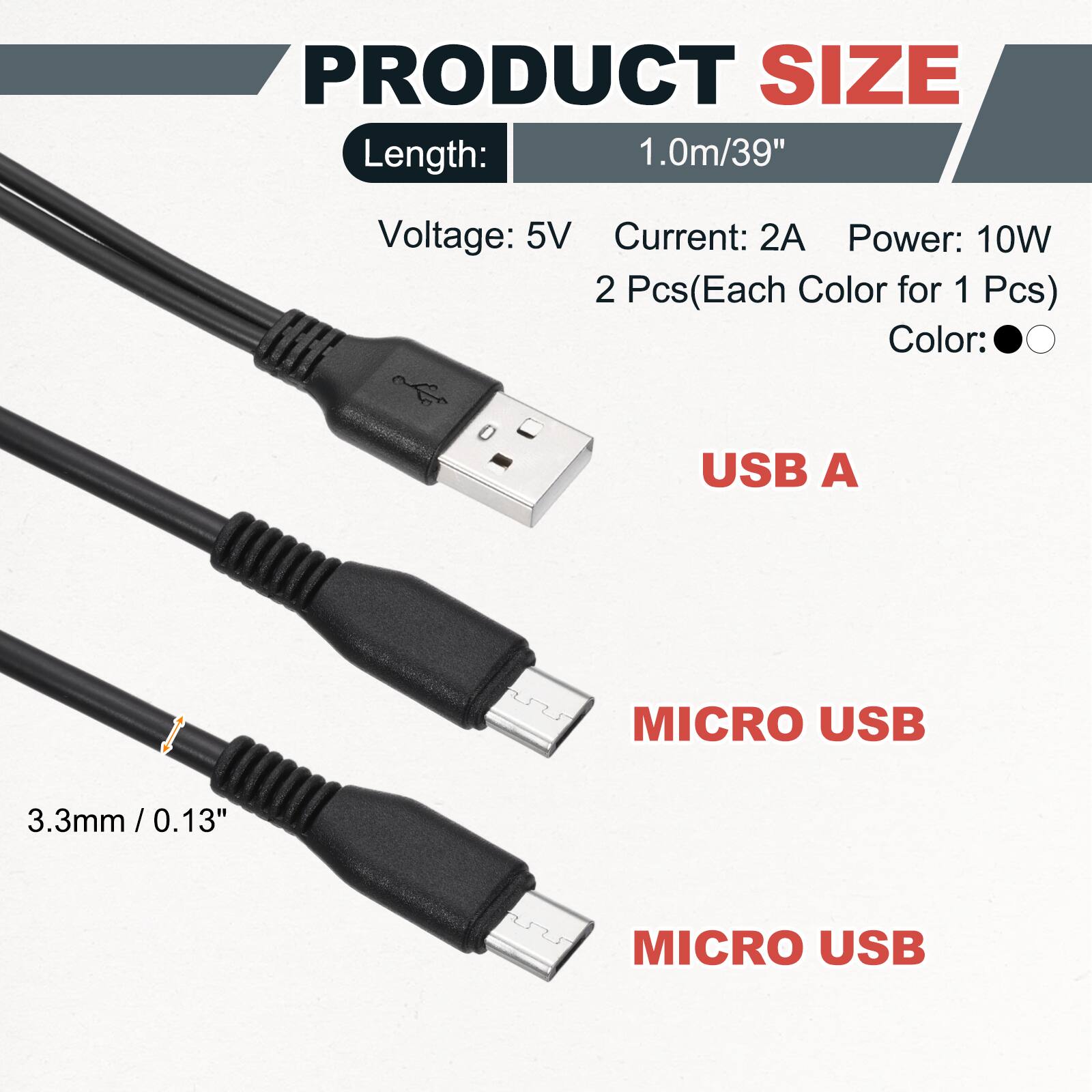 PRODUCT SIZE  
Length: 1.0m/39"  
Voltage: 5V  
Current: 2A  
Power: 10W  
2 Pcs (Each Color for 1 Pcs)  
Color:  
USB A  
MICRO USB  
3.3mm/0.13"  
MICRO USB