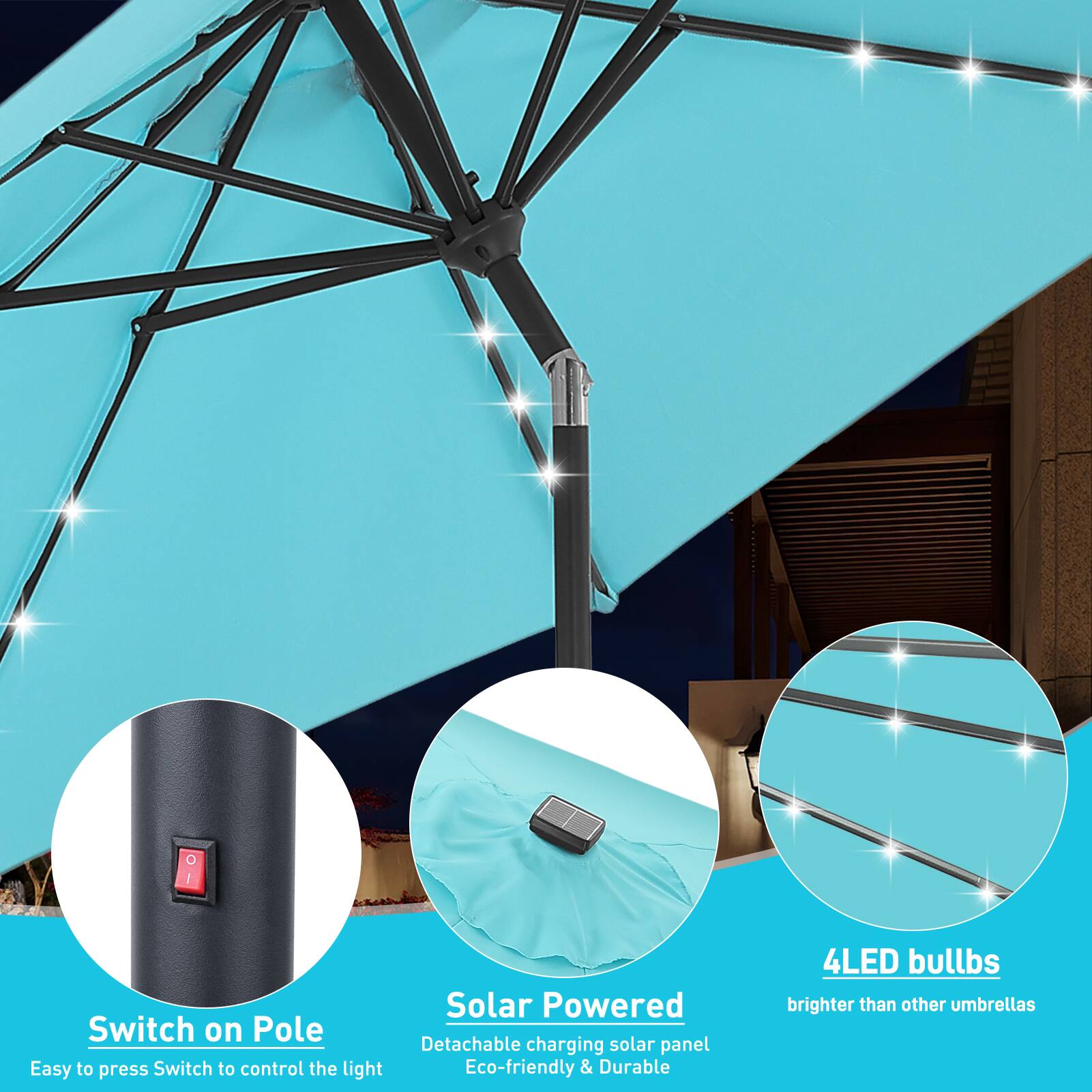 - Solar Powered Switch on Pole
- Detachable charging solar panel
- Easy to press Switch to control the light
- Eco-friendly & Durable
- 4LED bulbs brighter than other umbrellas