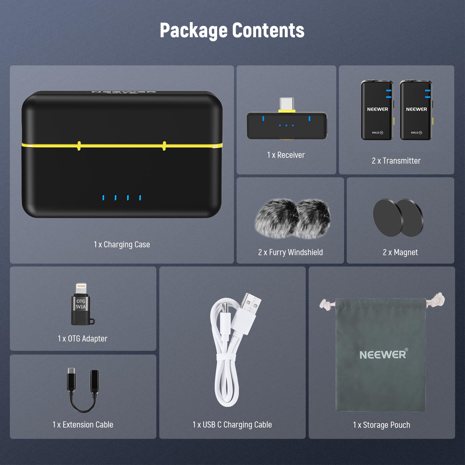 Package Contents:

- 1 x Receiver
- 2 x Transmitter
- 1 x Charging Case
- 2 x Furry Windshield
- 2 x Magnet
- 1 x OTG Adapter
- 1 x Extension Cable
- 1 x USB C Charging Cable
- 1 x Storage Pouch