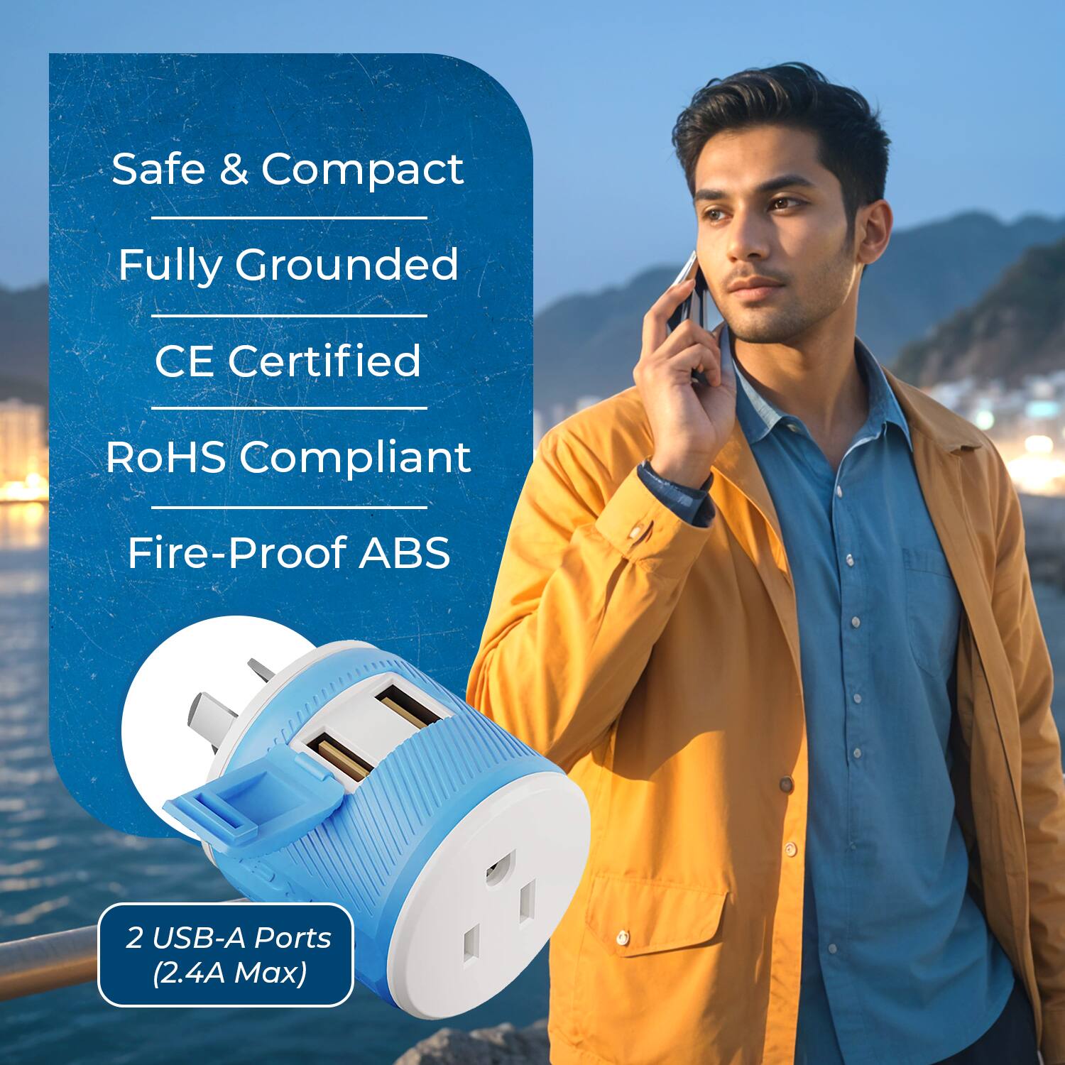 Safe & Compact  
Fully Grounded  
CE Certified  
RoHS Compliant  
Fire-Proof ABS  

2 USB-A Ports (2.4A Max)