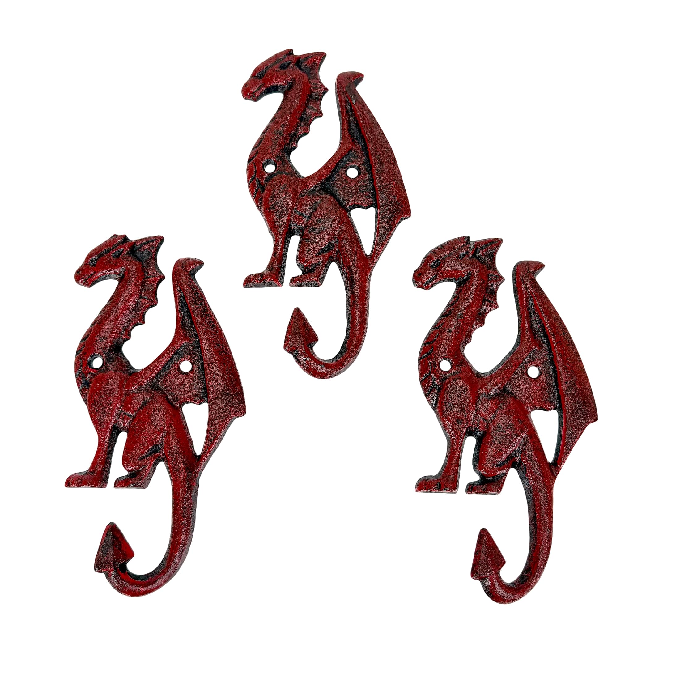 Things2Die4 - Set of 3 Dragon Wall Hooks Distressed Cast Iron 6.5 in Decorative - Red