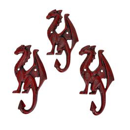 Things2Die4 - Set of 3 Dragon Wall Hooks Distressed Cast Iron 6.5 in Decorative - Red