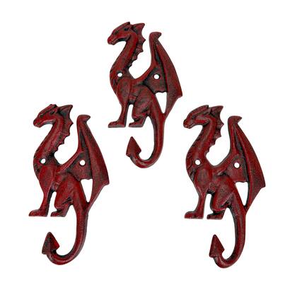 Front. Things2Die4 - Set of 3 Dragon Wall Hooks Red Distressed Cast Iron 6.5 in Decorative - Red.