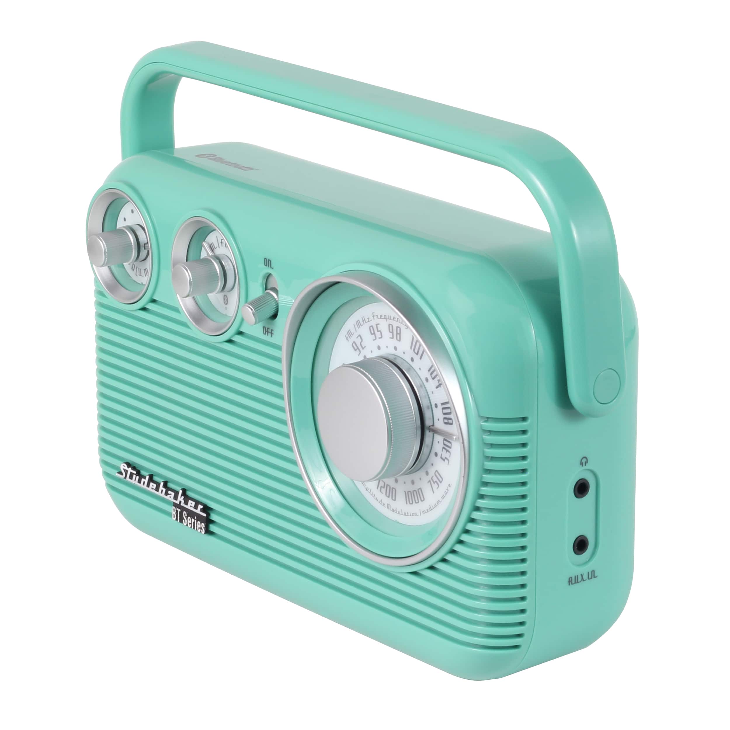 Studebaker Stude BT Series Radio is a portable radio with a handle. It has a blue color and features a clock on the front. The radio is made in Canada and has a 1200 watt speaker.