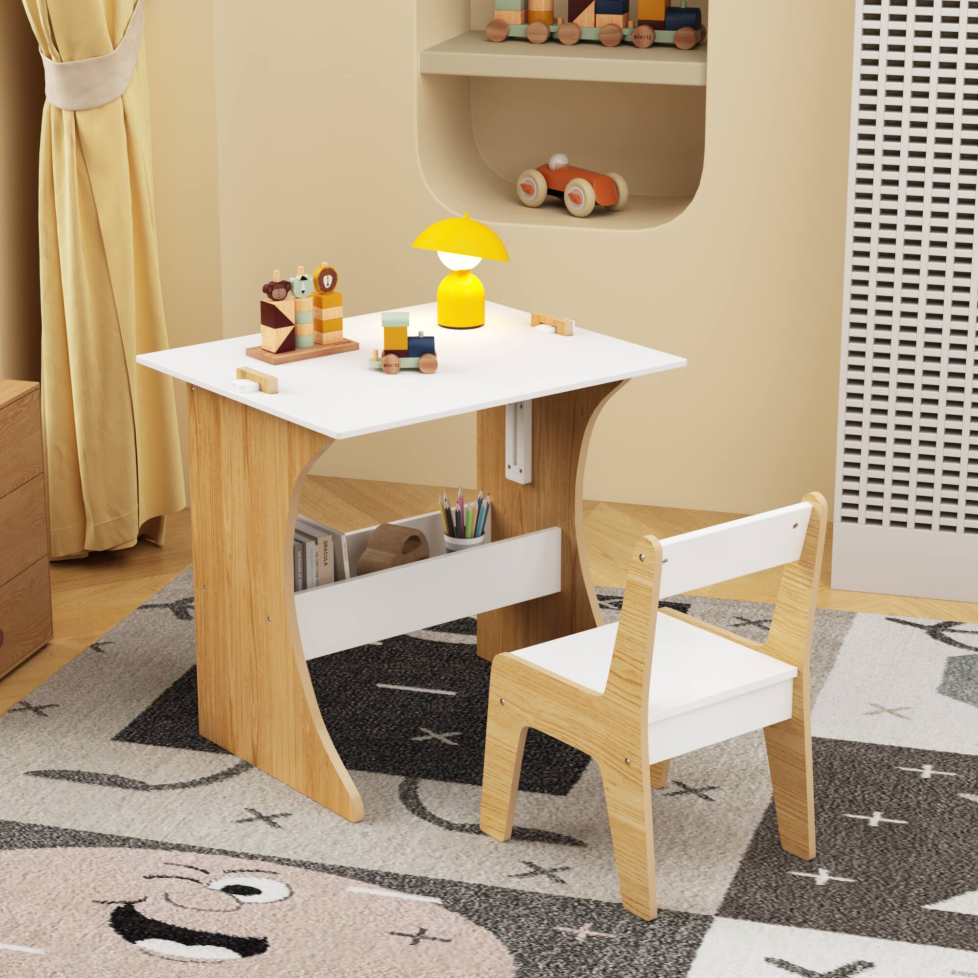Alt View 8. Tiramisubest - Kids Table Set with Chair,Multifunctional Wooden Children Study Table-Convertible Tabletop for Drawing & Play,Natural - White.