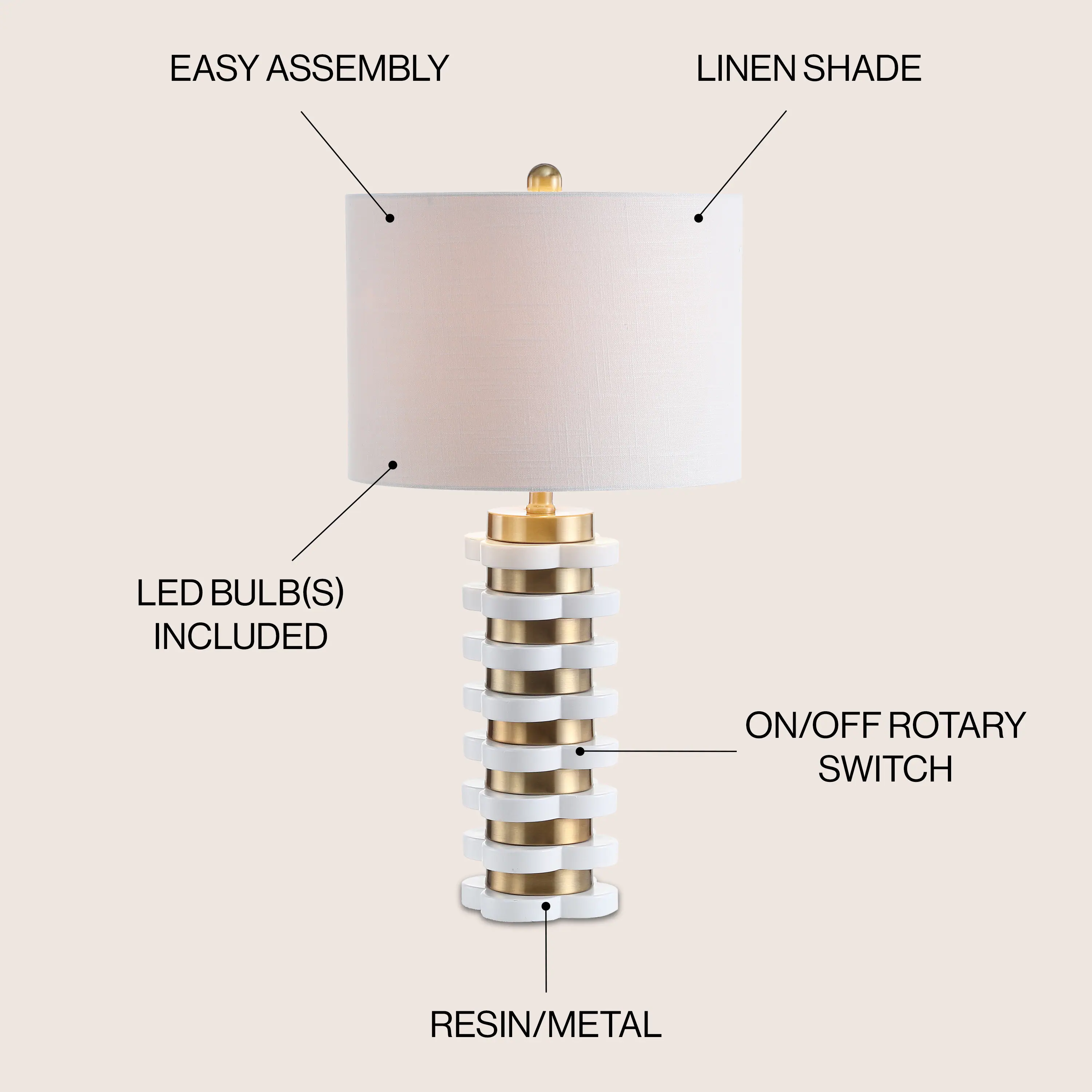 EASY ASSEMBLY  
LINEN SHADE  
LED BULB(S) INCLUDED  
ON/OFF ROTARY SWITCH  
RESIN/METAL