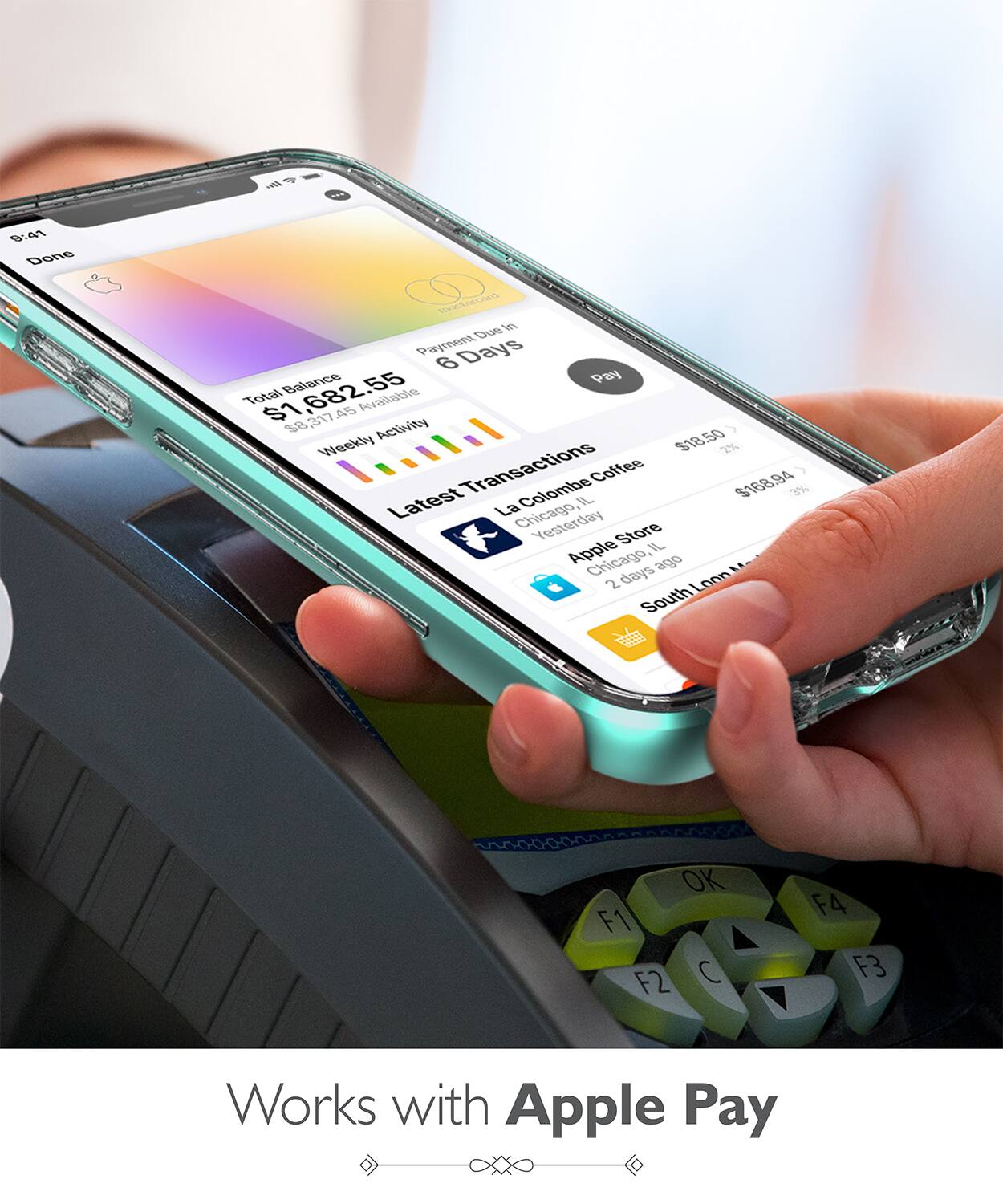 9:47 Done
Due Payment Days 6
Balance $1,682.55
$1,682.55
Available $821.75
Activity $18.50
50 Weekly
2 Transactions
Colombe Coffee $168.94
2%
Latest
La IL Chicago Yesterday
Store Apple IL Chicago
2 days ago
Loon South
Works with Apple Pay