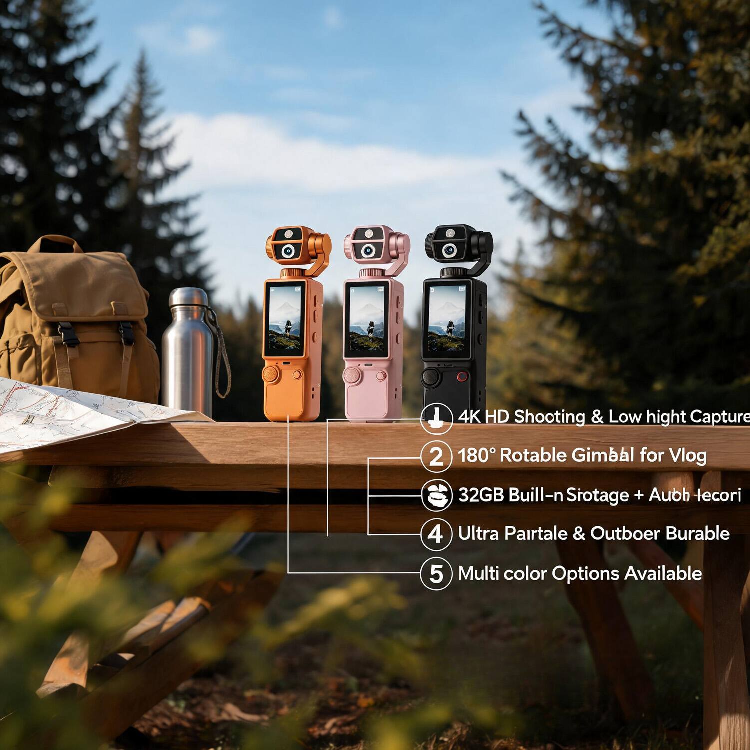 4K HD Shooting & Low light Capture  
2. 180° Rotatable Gimbal for Vlog  
3. 32GB Built-in Storage + Aubh Tecori  
4. Ultra Pairtale & Outboer Burable  
5. Multi color Options Available