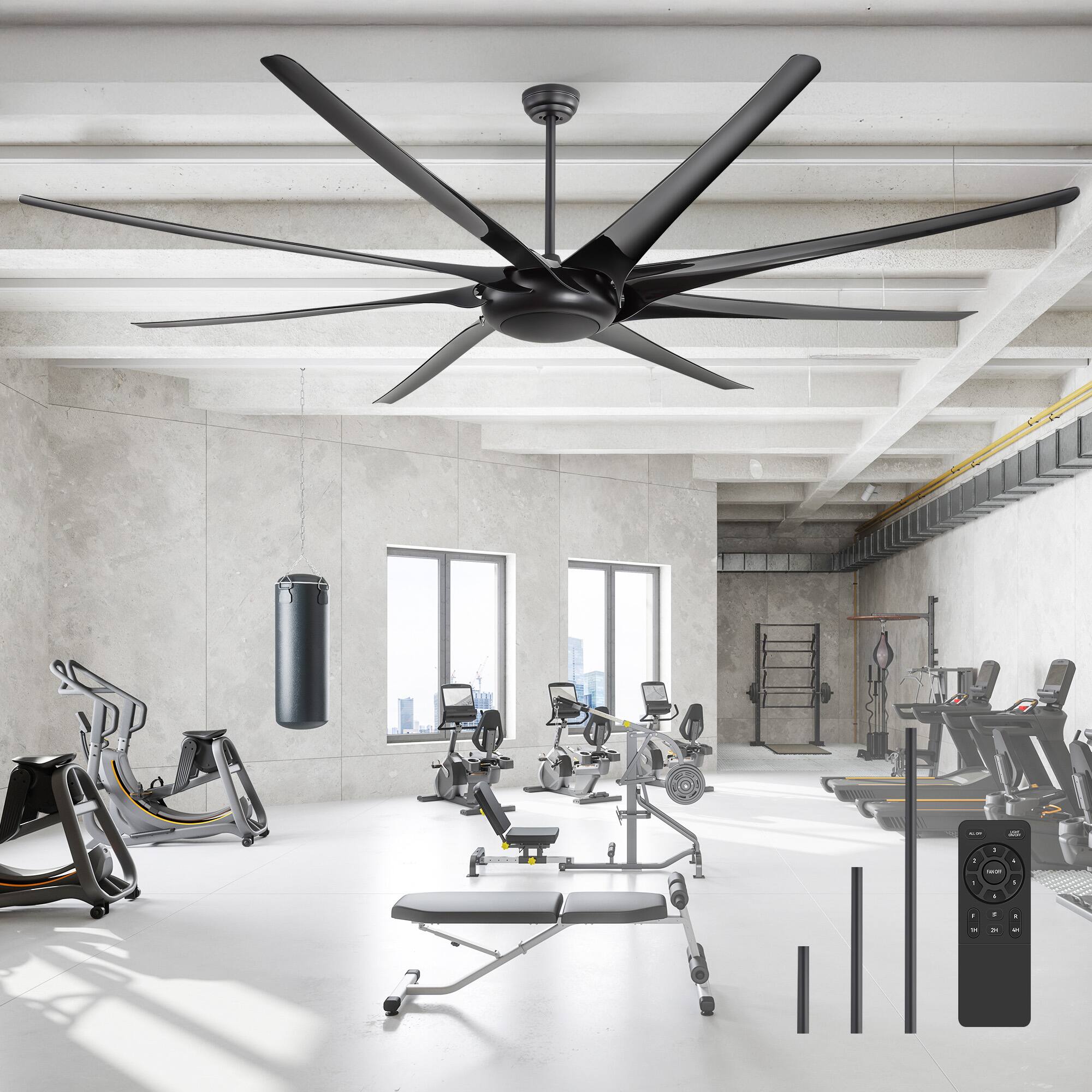 Breezary - 100 Inch Large HVLS Commercial Ceiling Fan, 8 ABS Blades, DC Motor, 6-Speed Remote, 12/24/36'' Downrods, LED/No Light - Black (No Light)