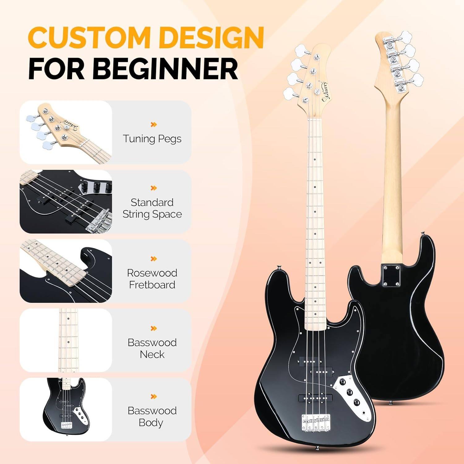 CUSTOM DESIGN FOR BEGINNER  
- Tuning Pegs  
- Standard String Space  
- Rosewood Fretboard  
- Basswood Neck  
- Basswood Body