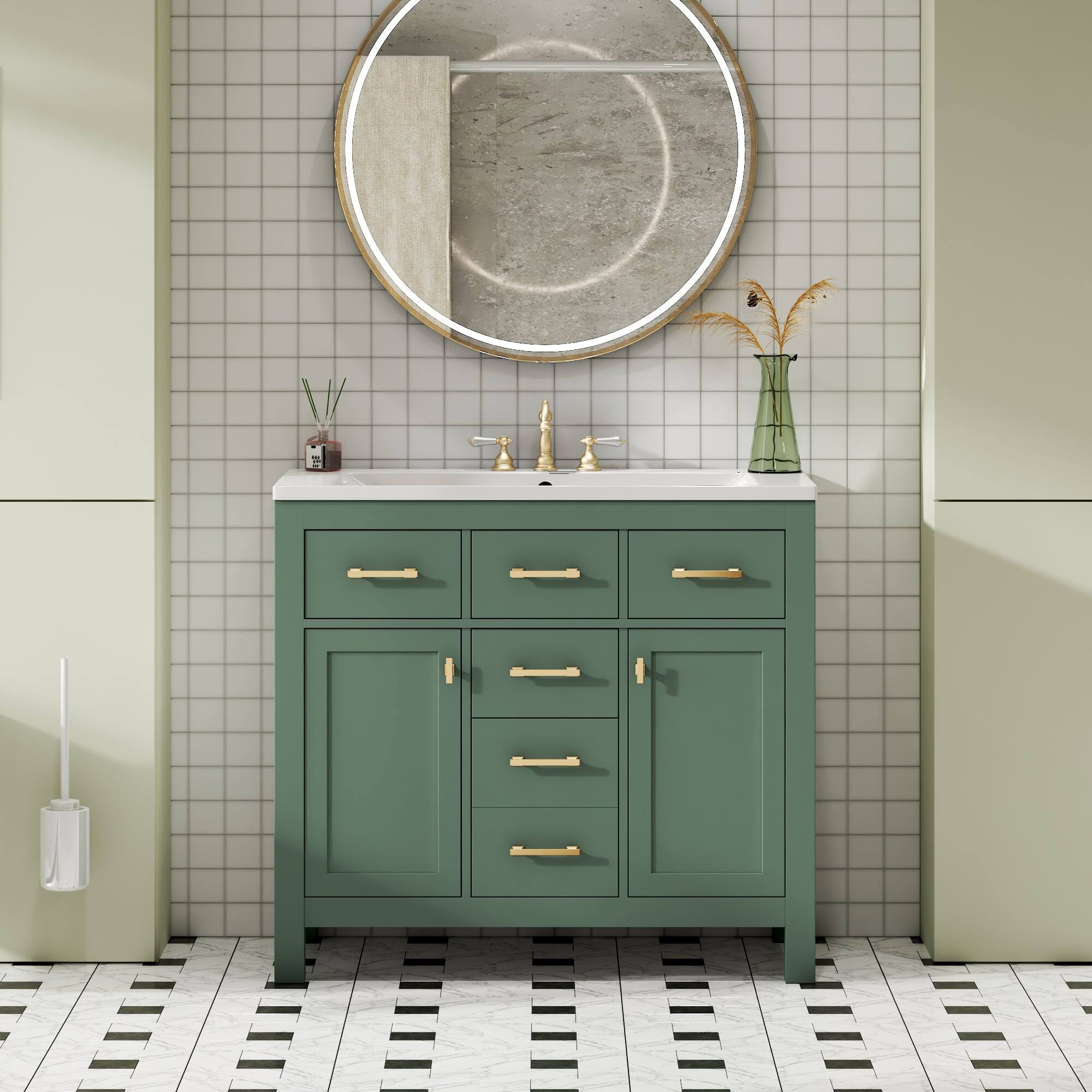 Alt View 4. Boyel Living - 36 Inch Modern Bathroom Vanity with Ceramic Sink Four Drawers Two Cabinets Green - Green.