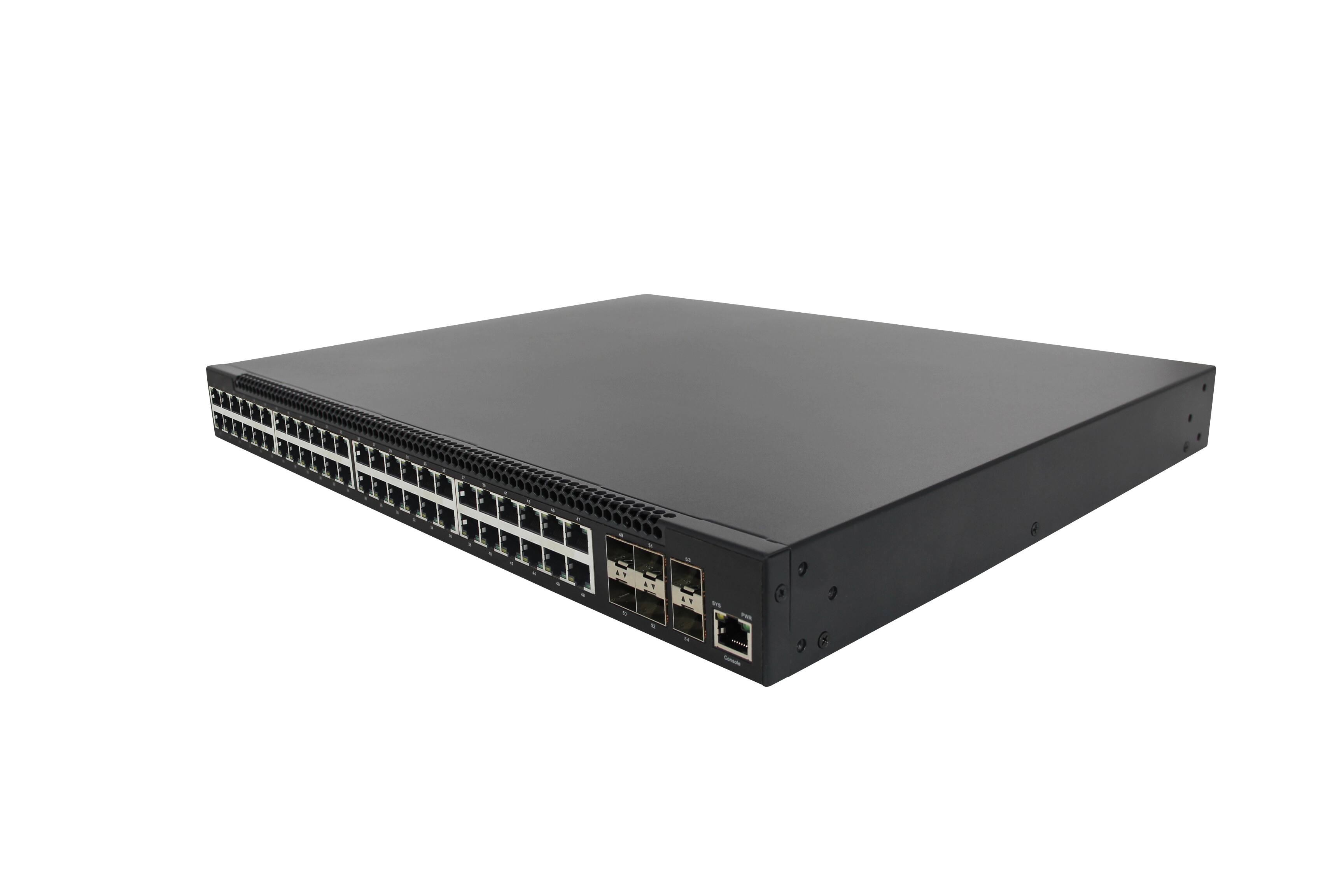 Left. Orei - ToVi 48-Port Gigabit PoE Switch w/ 6×10G SFP+ Uplink (1U Rackmount) - (NS-1G48) - Gray.