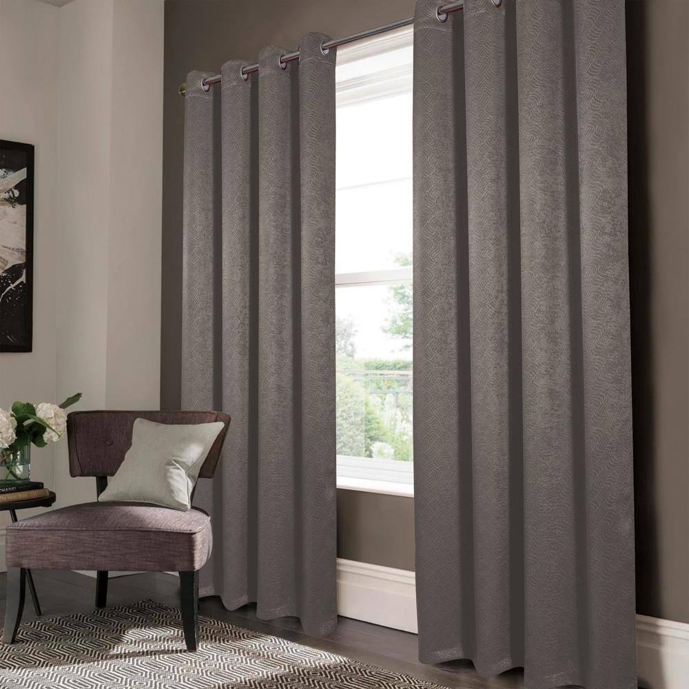 Angle. RT Designers Collection - RT Designers Nellie Charcoal Embossed Blackout Grommet Curtain Panel - Charcoal.