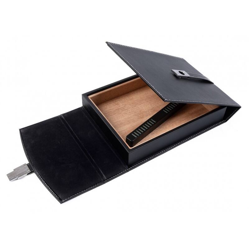 Left. Prestige - Florence Travel Cigar Humidor - Black Leather with White Stitching.