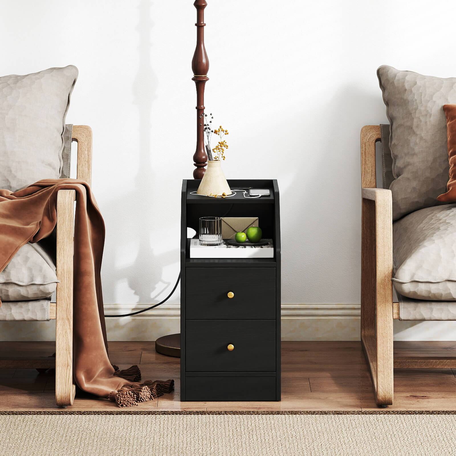 Alt View 3. Costway - Costway Side Table with Charging Station, Storage Drawers, Sofa Couch Table for Small Space - Black.