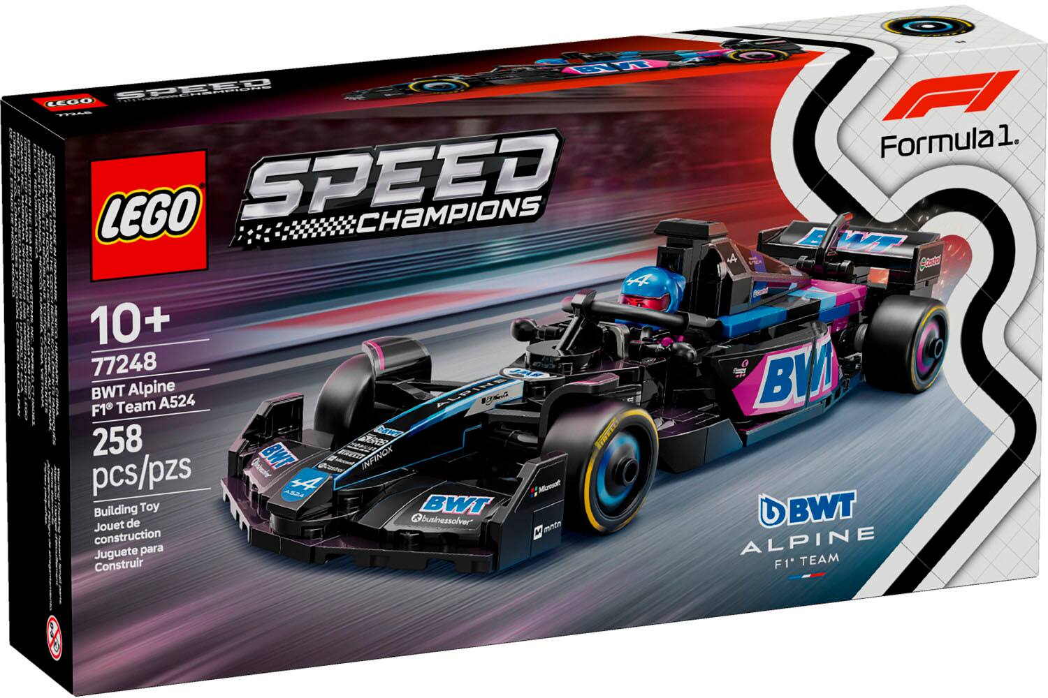The text on the image is grouped and corrected as follows:

"LEGO Speed Champions 10+ 77248 BWT Alpine BWT Alpine Formula 1 Team A524 258 pcs/pzs. Juguete de montaż construction Juguete para Construir Formula 1. 5 H 44 Classic BWT Alpine F1 Team."