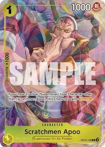 1
1000 HAIGED
1000 + COUNTER SAMPLE
If you have a yellow {Supernovas} type Character other than [Scratchmen Apoo], this Character gains Blocker
CHARACTER Scratchmen Apoo Supernovas/On-Air Pirates OP10-108
