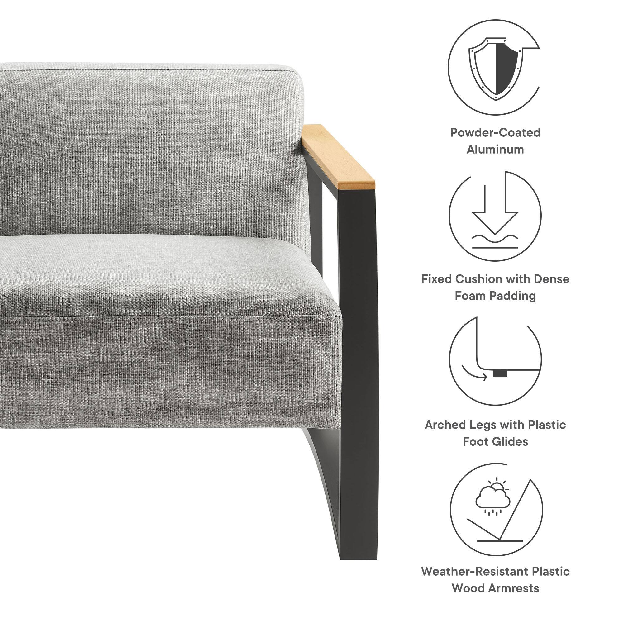 - Powder-Coated Aluminum
- Fixed Cushion with Dense Foam Padding
- Arched Legs with Plastic Foot Glides
- Weather-Resistant Plastic Wood Armrests