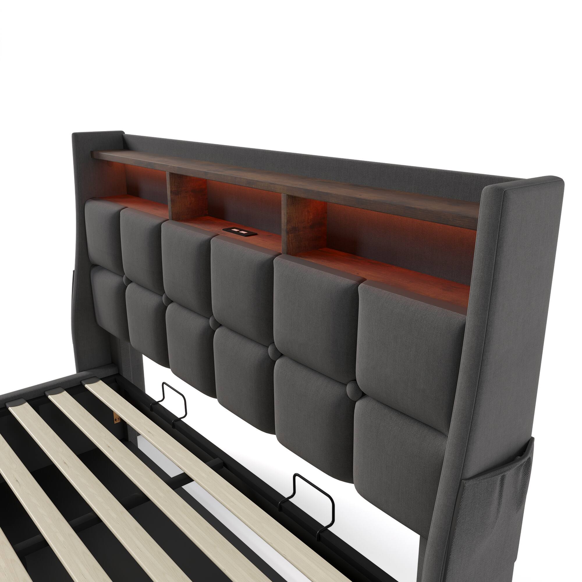 Alt View 2. LUCKY ONE - Full size Upholstered Platform Bed Frame with a Hydraulic Storage System, LED and USB Charging - Grey.