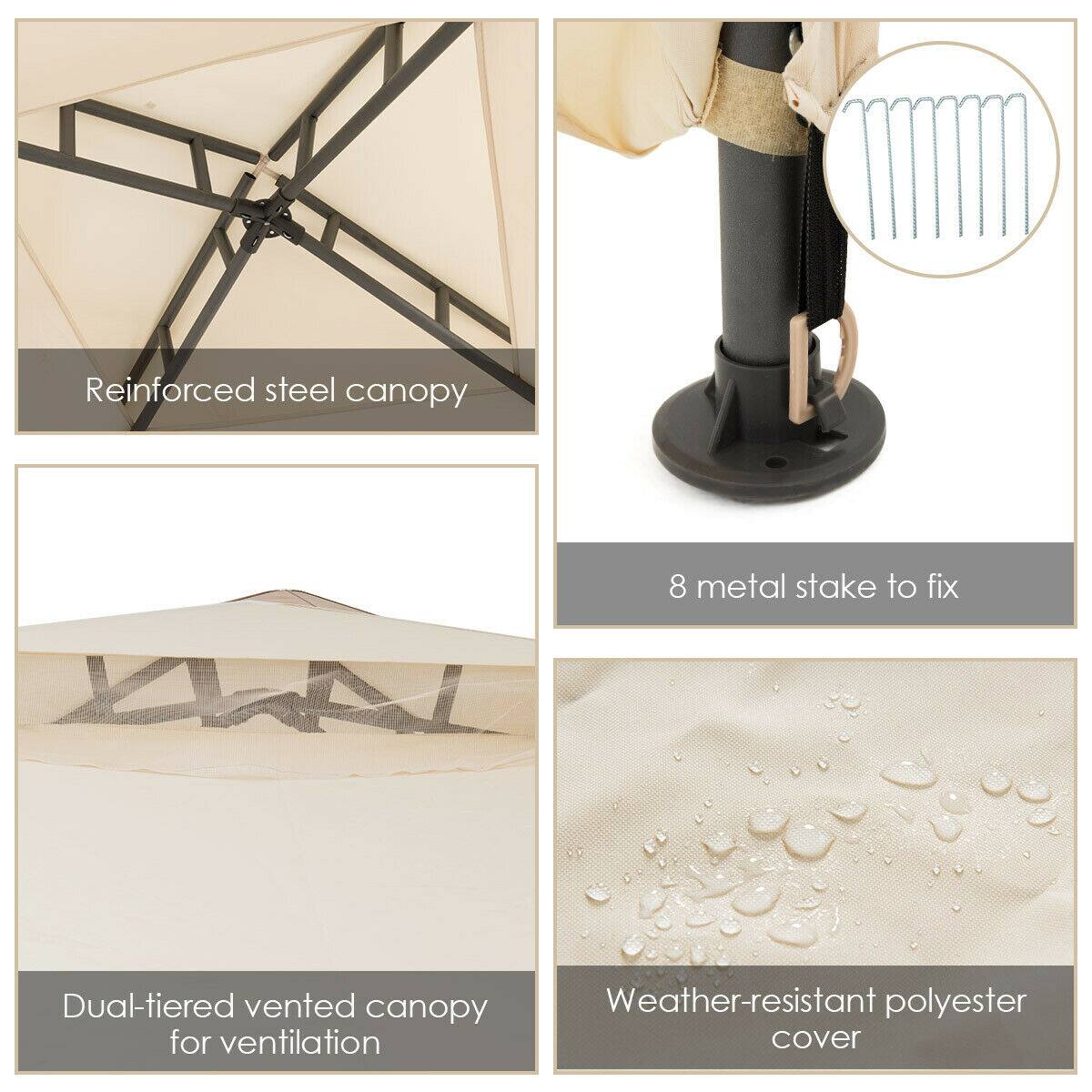 Reinforced steel canopy  
8 metal stakes to fix  
Dual-tiered vented canopy for ventilation  
Weather-resistant polyester cover