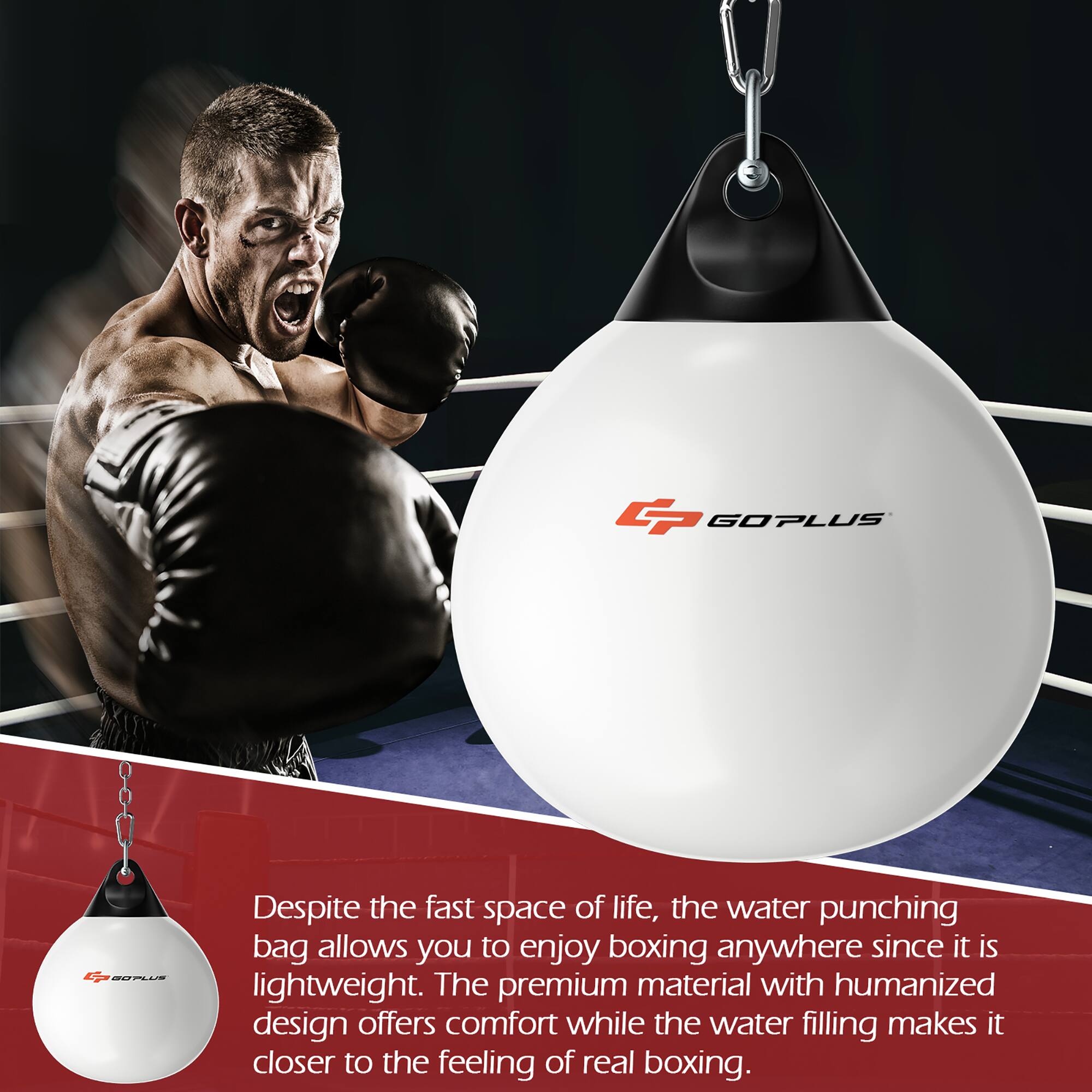 Despite the fast pace of life, the water punching bag allows you to enjoy boxing anywhere since it is lightweight. The premium material with humanized design offers comfort while the water filling makes it closer to the feeling of real boxing.