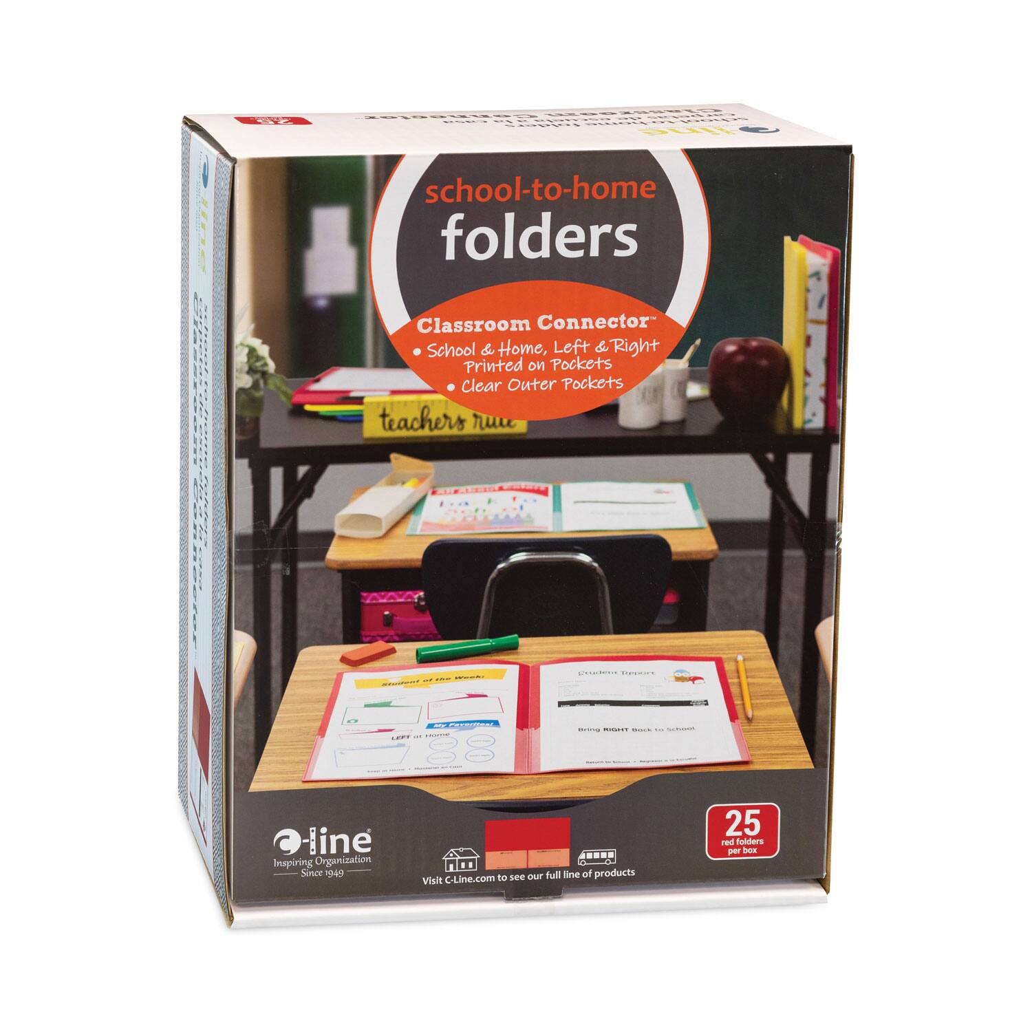 school-to-home folders  
Classroom Connector  
School & Home, Left & Right  
Printed on Pockets  
Clear Outer Pockets  
teachers rule  

C-line  
Inspiring Organization Since 1949  

Visit C-Line.com to see our full line of products  

25 red folders per pack