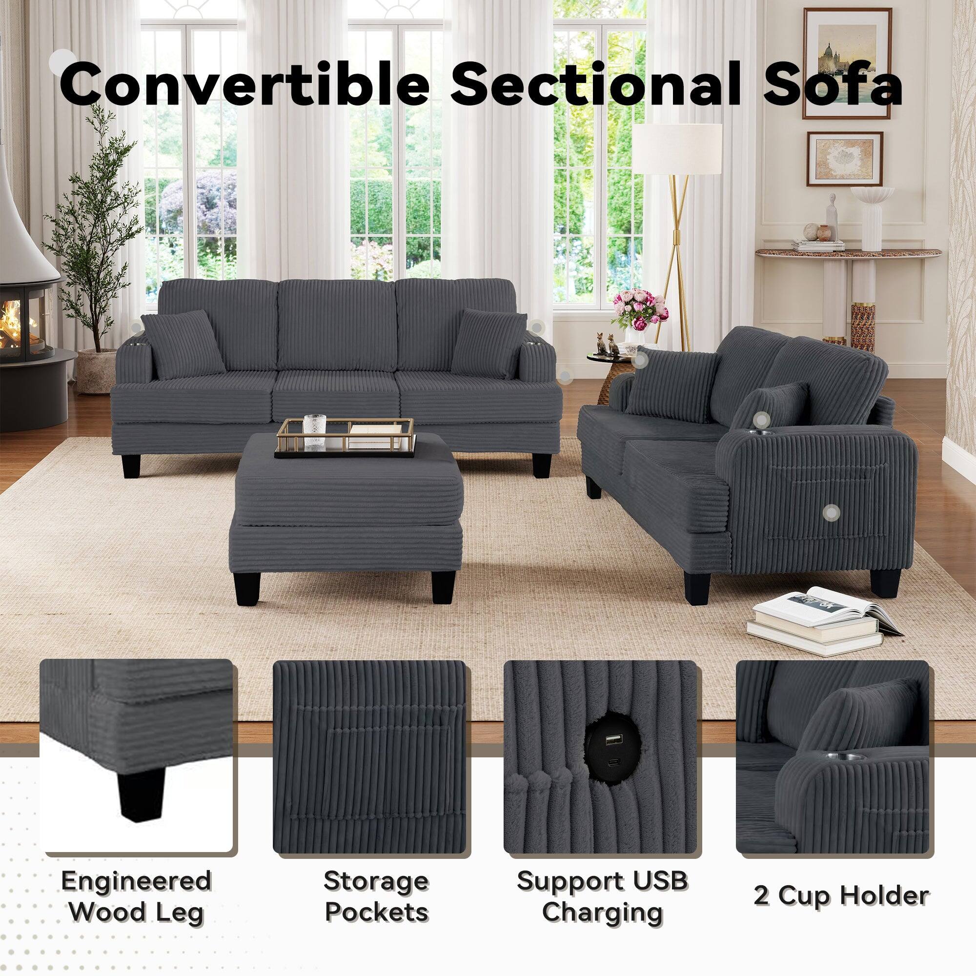 Convertible Sectional Sofa  
Engineered Wood Leg  
Storage Pockets  
Support USB Charging  
2 Cup Holder