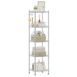 Songmics Home - 5-Tier Bathroom Shelf, Storage Rack for Small Space, with 5 PP Shelf Liners, Removable Hook, Extendable Design - Silver and Translucent