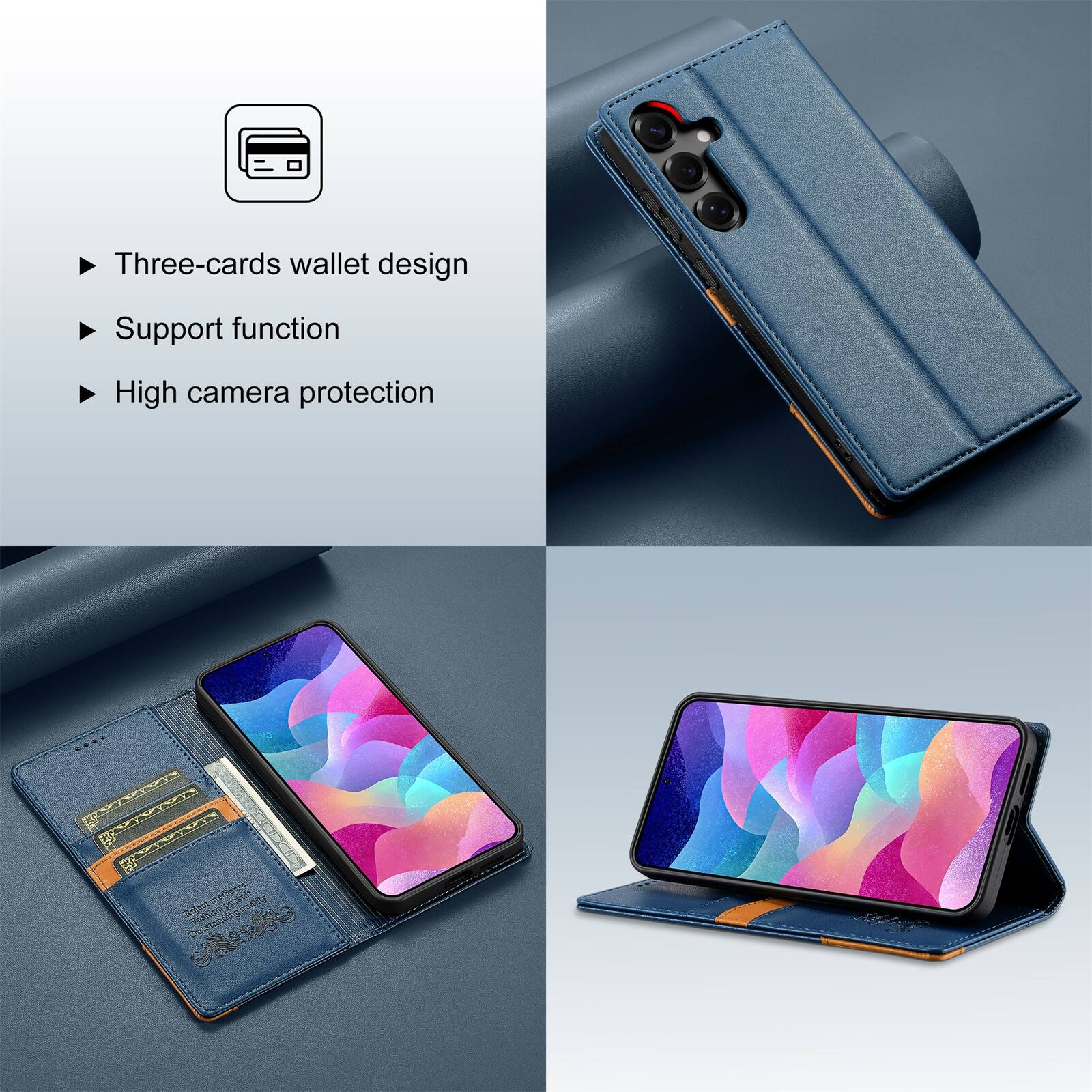 Three-cards wallet design  
Support function  
High camera protection