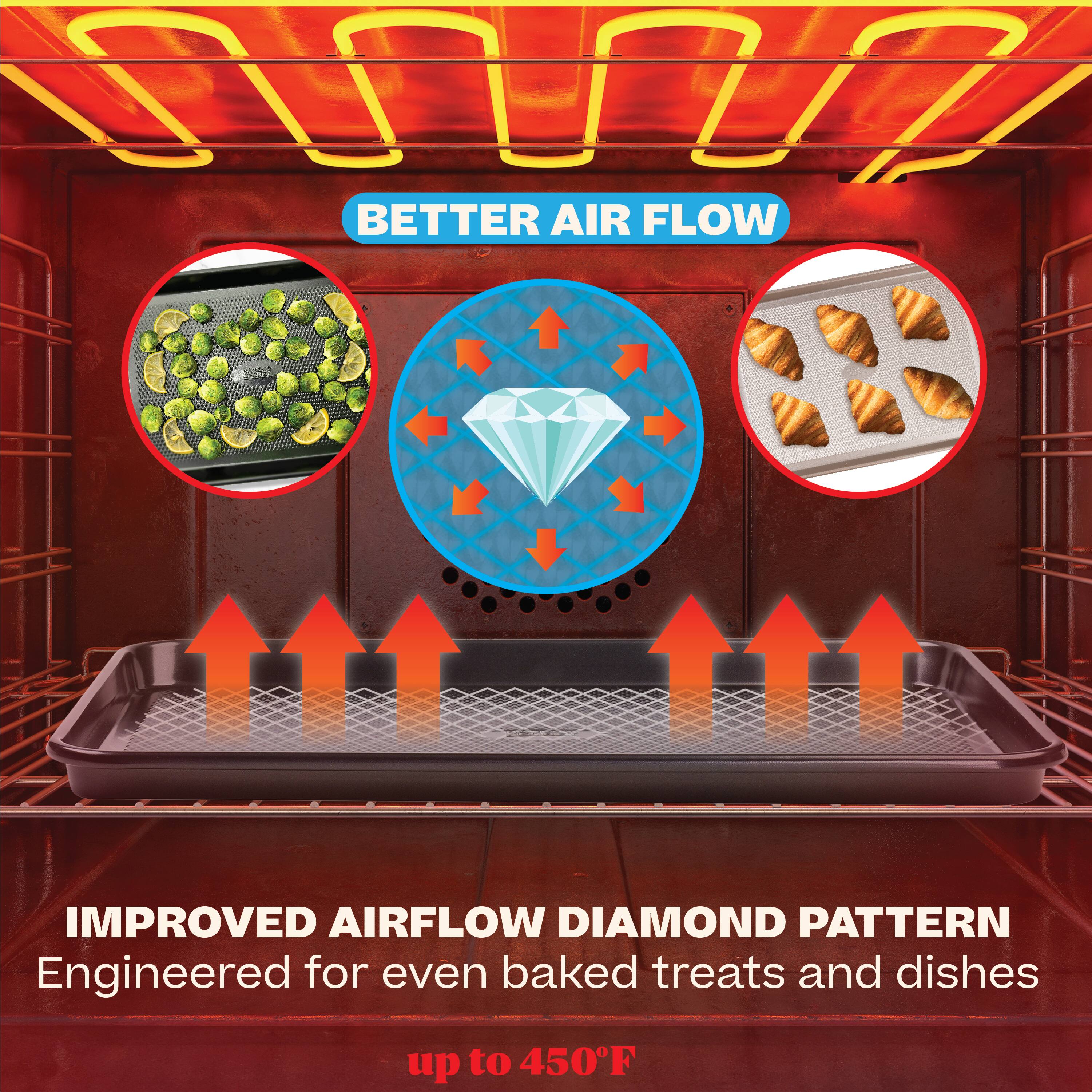 BETTER AIR FLOW

IMPROVED AIRFLOW DIAMOND PATTERN  
Engineered for even baked treats and dishes  
up to 450°F